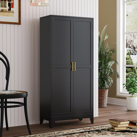 Metal Kitchen Pantry Storage Cabinet with 2 Doors and 3 Adjustable Shelves,Pantry Cabinet with Adjustable Leveling Foot for Kitchen, Living Room, Dining Room(Black)