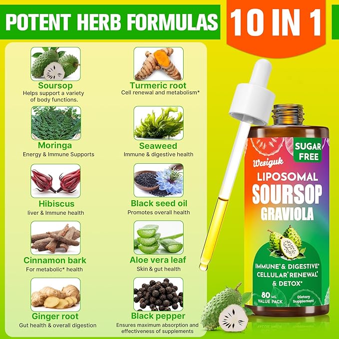 Soursop Bitters Liquid 880MG, Soursop Multivitamin Liquid Drops with Soursop Leaves Herbal Blend, for Cell Support & Regeneration, Immunity, Liver, Gut, Zzz & Antioxidant - 240 Days Supply