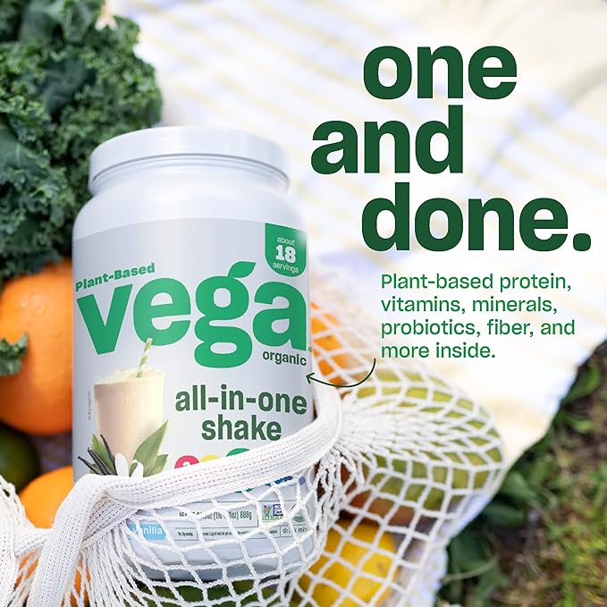 Vega Organic All-in-One Vegan Protein Powder, French Vanilla -Superfood Ingredients, Vitamins for Immunity Support, Keto Friendly, Pea Protein for Women & Men, 1 lbs (Packaging May Vary)