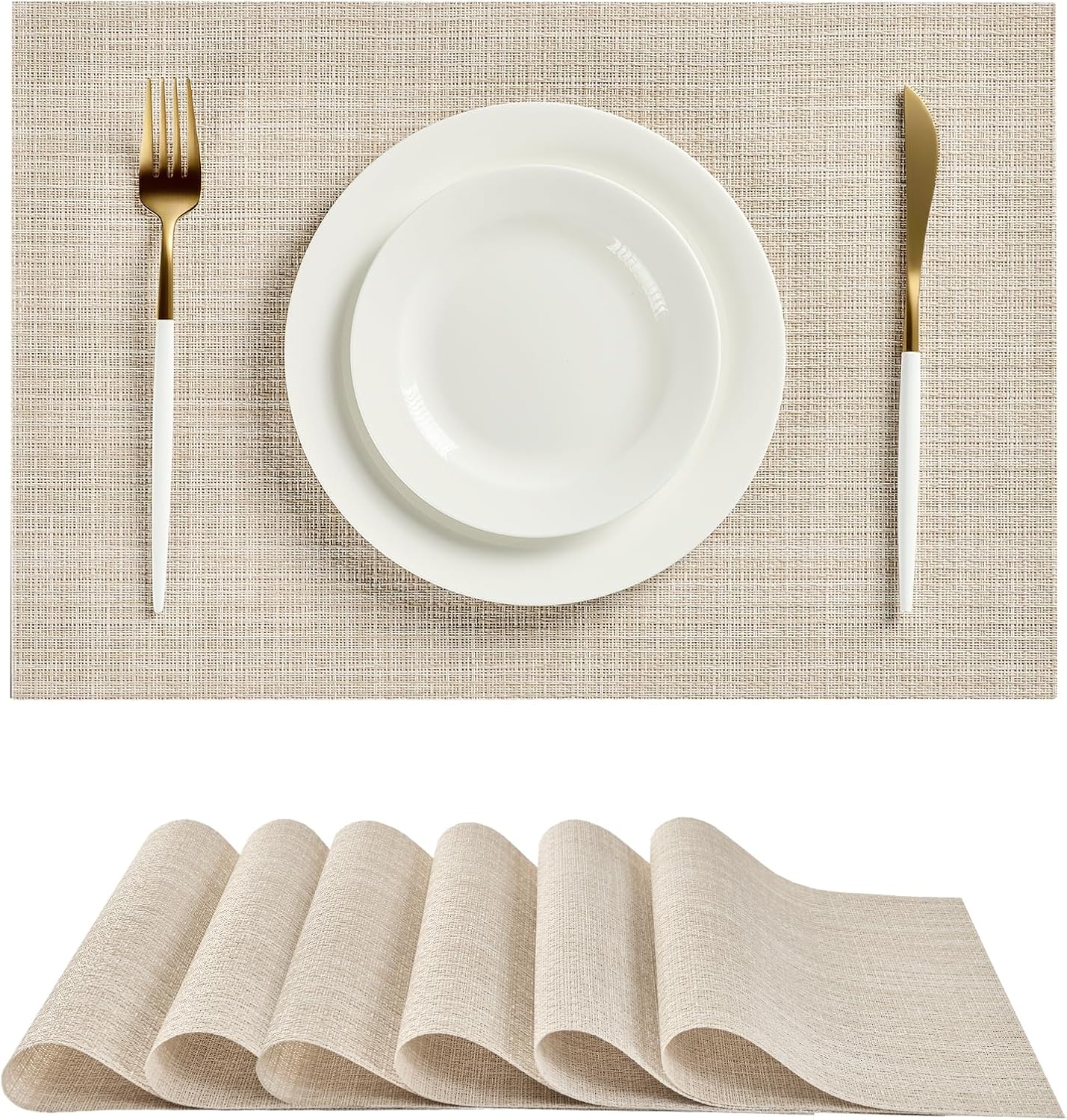 Leetaltree Beige Placemats Set of 6 - Heat Resistant Non-Slip Place mats for Dining Table, Washable Durable PVC Vinyl Woven Table Mats(Beige, 6)