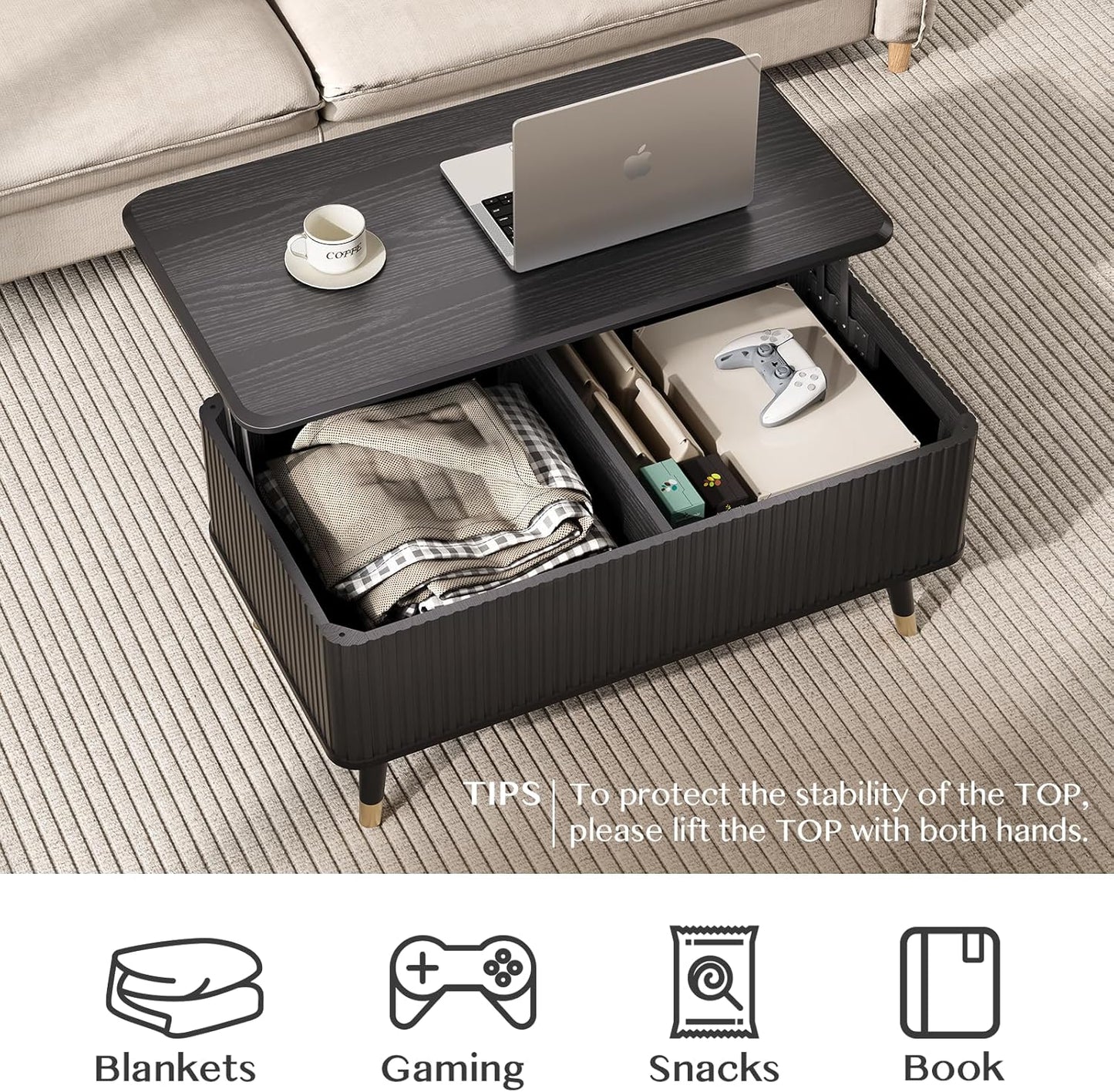 Lift Top Coffee Table with Storage Shelf & Hidden Compartment, Mid Century Modern Fluted Rectangle Dining Table for Living Room, Home Office,Black