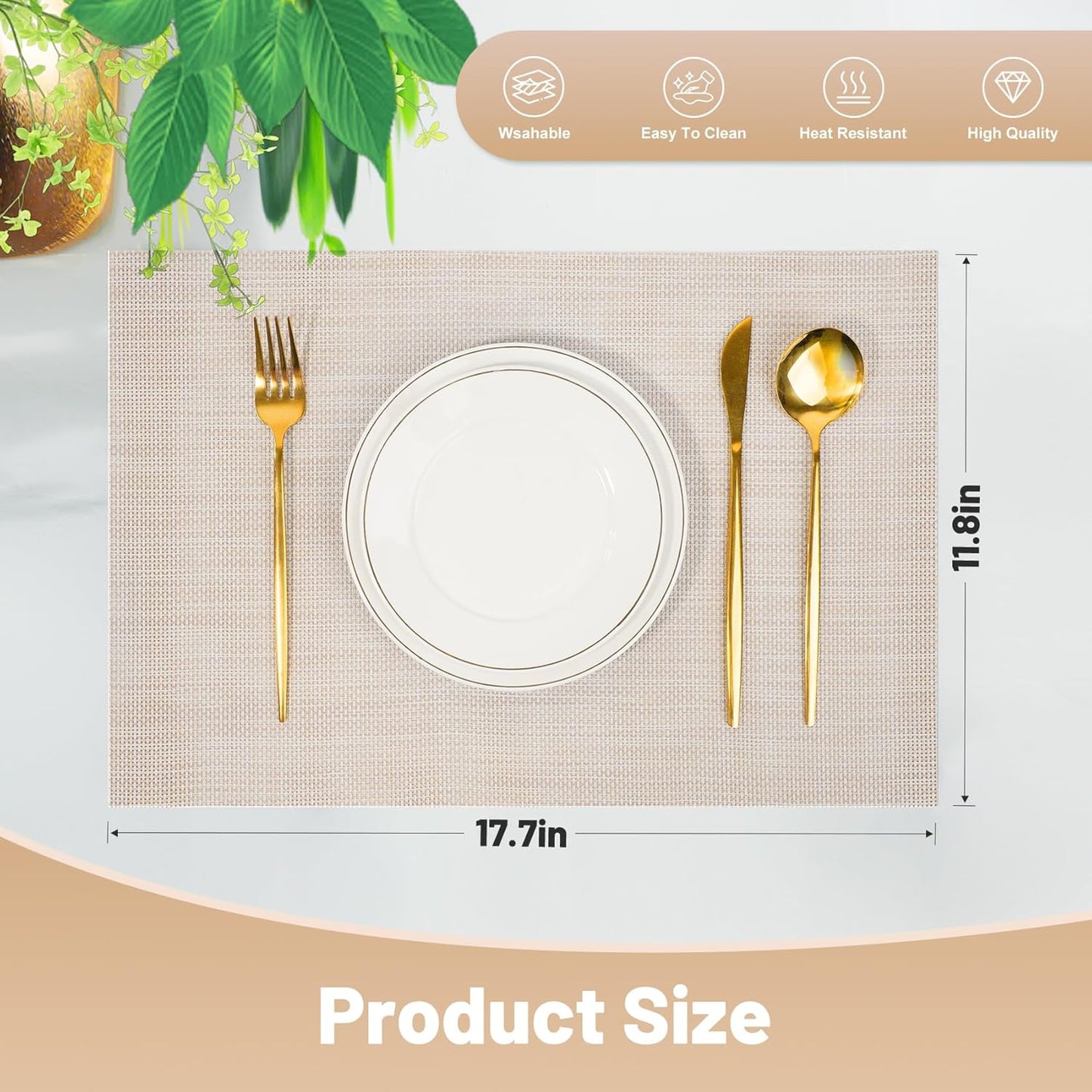 Placemats Set of 6,Non-Slip PVC Weave Table Mats Easy to Clean,Heat Resistant Place Mats for Kitchen Dining Table Decoration Indoor Outdoor,Beige White