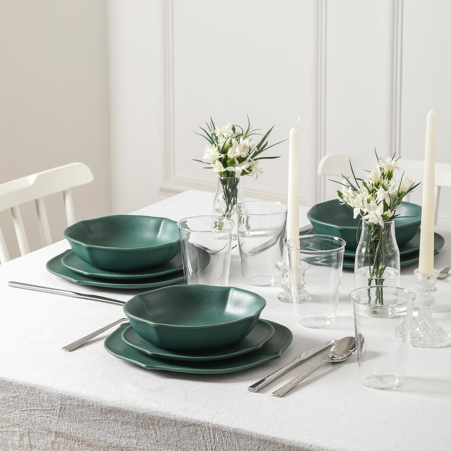 Stone Lain Baskerville 32-Piece Dinnerware Set Stoneware, Borosilicate Glass, Green