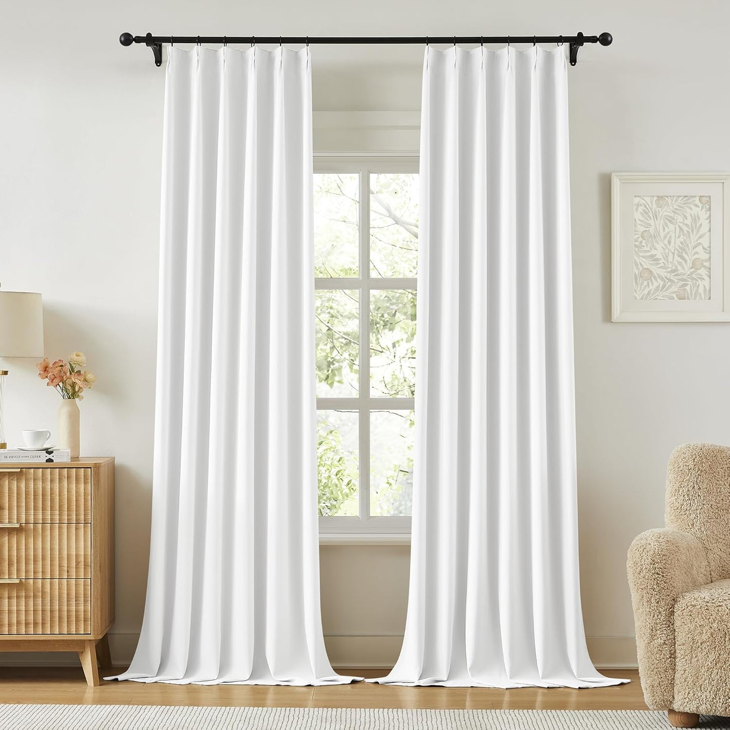 KangBang Pure White Light Reducing Curtains 120 Inches Long, Extra Long Pinch Pleated Thermal Insulated Vertical Solid Window Treatments for Hall Windows Cottage with Hooks, W40xL120,2 Panels