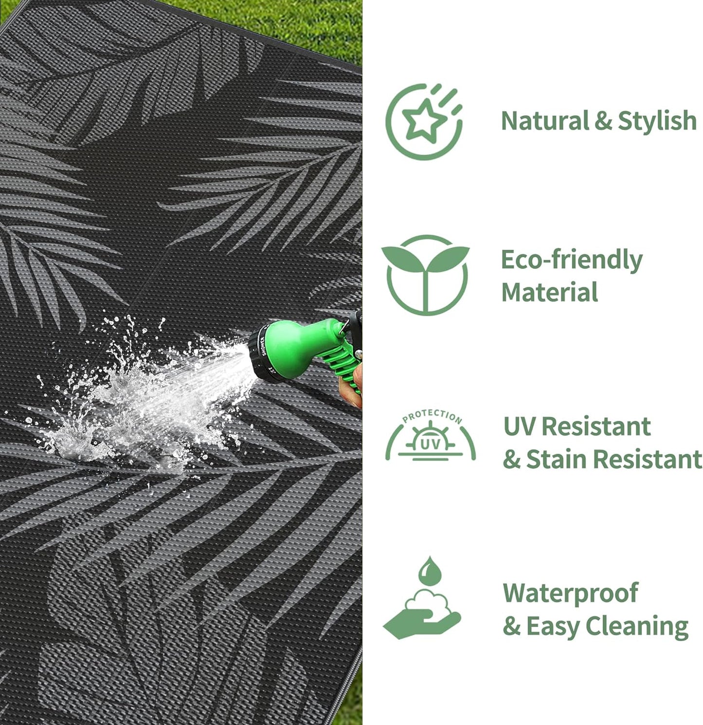 GENIMO Outdoor Rug 3' x 5' Waterproof for Patios Clearance, Reversible Outdoor Plastic Straw Camping Rug Carpet, Large Area Rugs Mats for RV, Camper, Deck, Balcony, Porch, Beach, Picnic, Black&Grey
