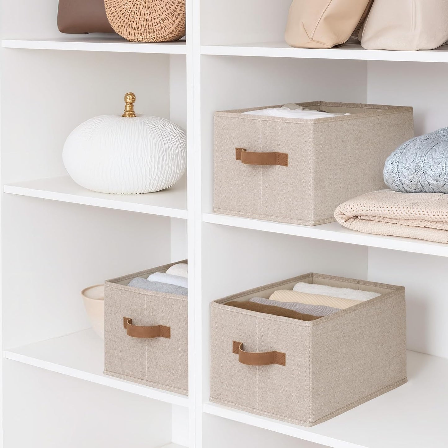 StorageWorks Storage Baskets for Shelves, Foldable Fabric Closet Storage Bins with Handles, Clothes Organizer Laundry Baskets, Brown & Beige, 3-Pack, Large