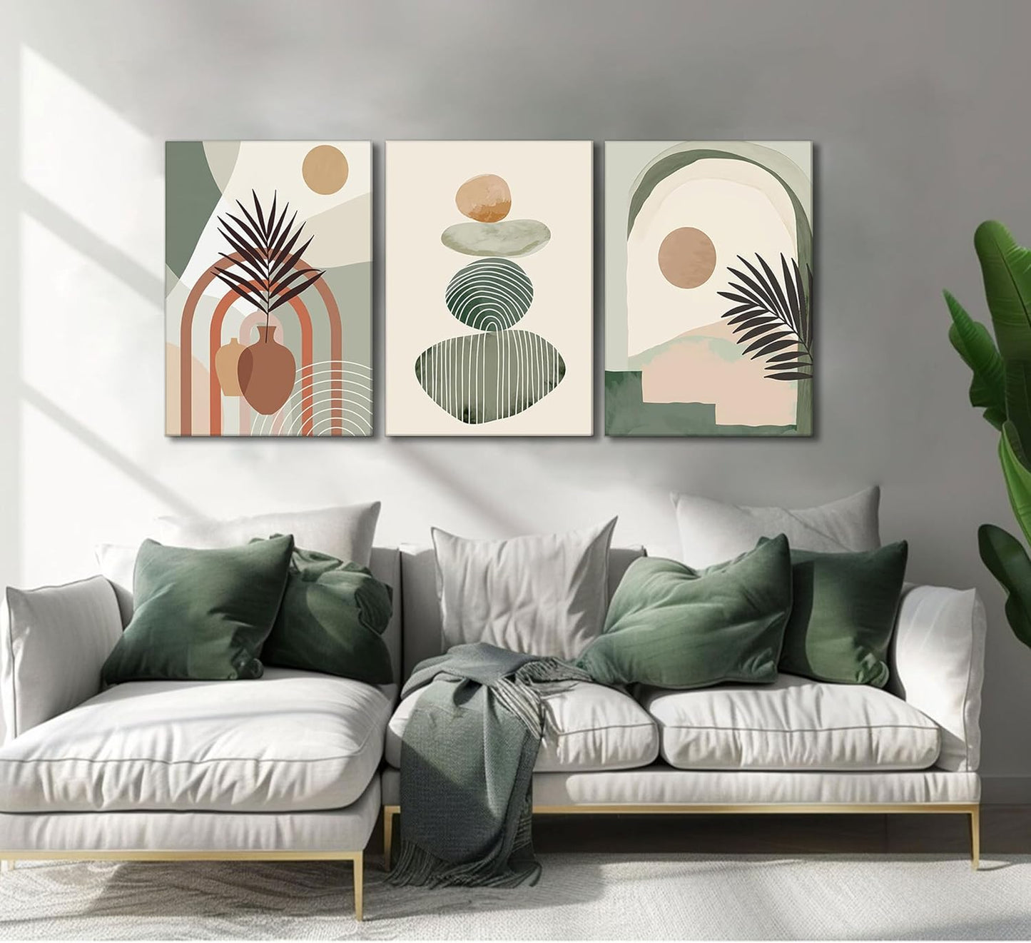 3 Pcs Mid Century Modern Boho Abstract Canvas Wall Art Neutral Green Bohemia Sun and Plant Pictures Wall Decor Posters Print Artwork for Living Room Bedroom Bathroom Office Home Decoration