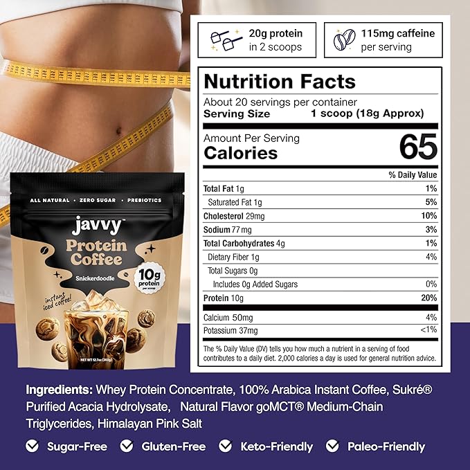 Javvy Snickerdoodle Protein Coffee - Premium Whey Protein & Instant Iced Coffee - 100% Arabica Coffee - Zero Artificial Flavors & Sweeteners, 20 Servings