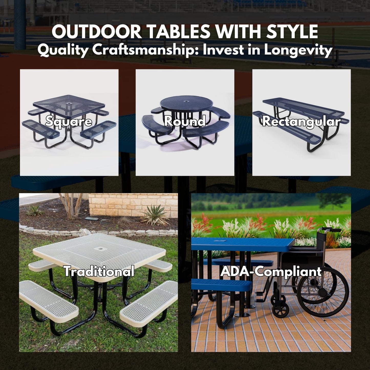 Heavy-Duty Portable Outdoor Picnic Table with Umbrella Hole, Punched Steel Patio Dining Furniture Made in America (46" Round Top, Textured Sandstone)