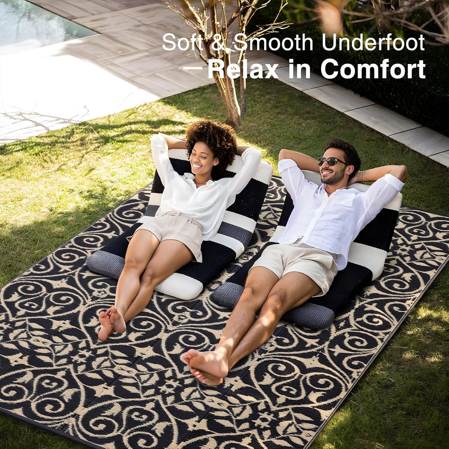 OLANLY Outdoor Rug Waterproof 8x10 ft Clearance, Reversible Outdoor Plastic Straw Rug with Floral Pattern, RV Mat for Patio, Camping, Balcony, Deck, Backyard, Black & Beige