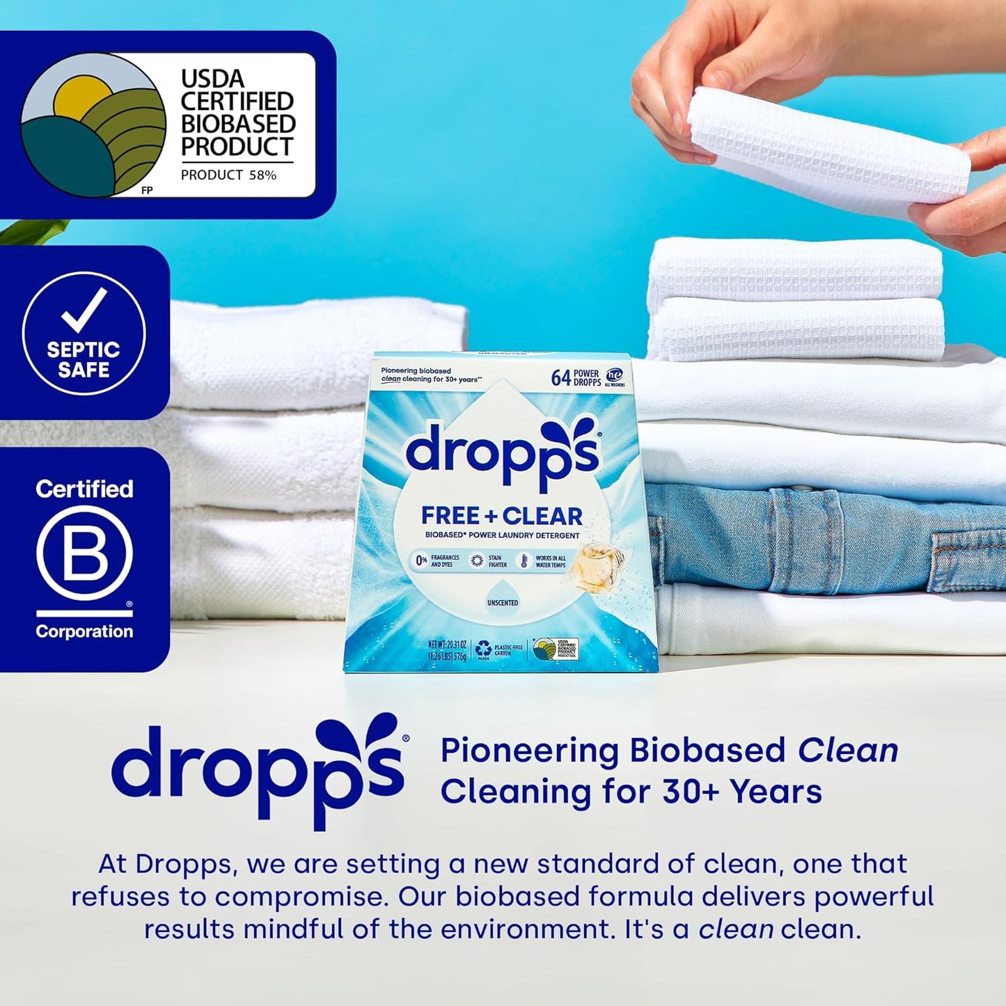 Dropps Free + Clear Biobased Power Laundry Detergent Pods, Unscented (64 Count) - HE Compatible Laundry Pods for Fresh Clothes - Laundry Soap Supplies & Recyclable Paperboard Packaging