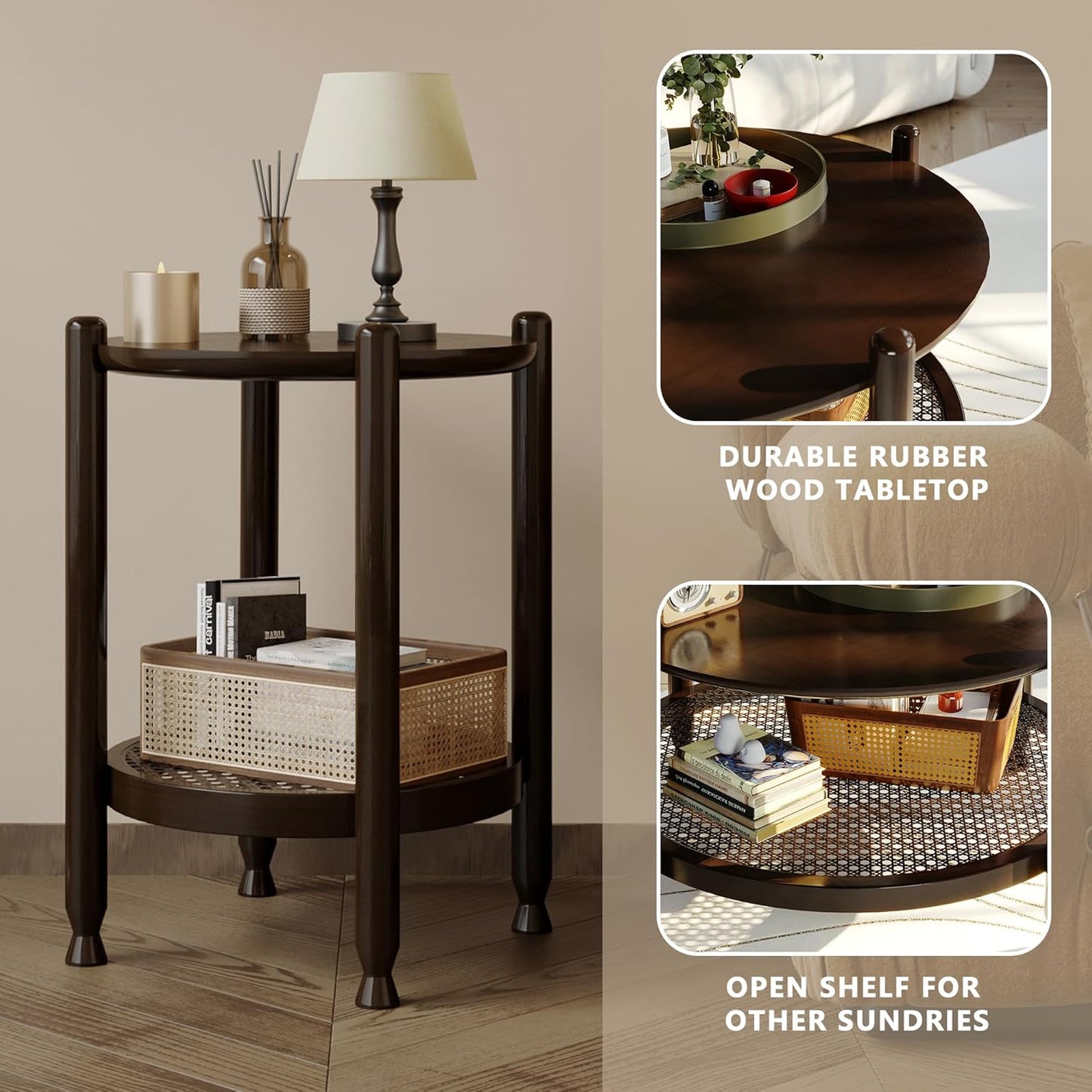 NSdirect Round End Table for Living Room, 2-Tier Rustic Wood Center Table for Home Decor with Boho Woven Rattan Storage Shelf | Modern Farmhouse Design, Easy Assembly, Black Brown