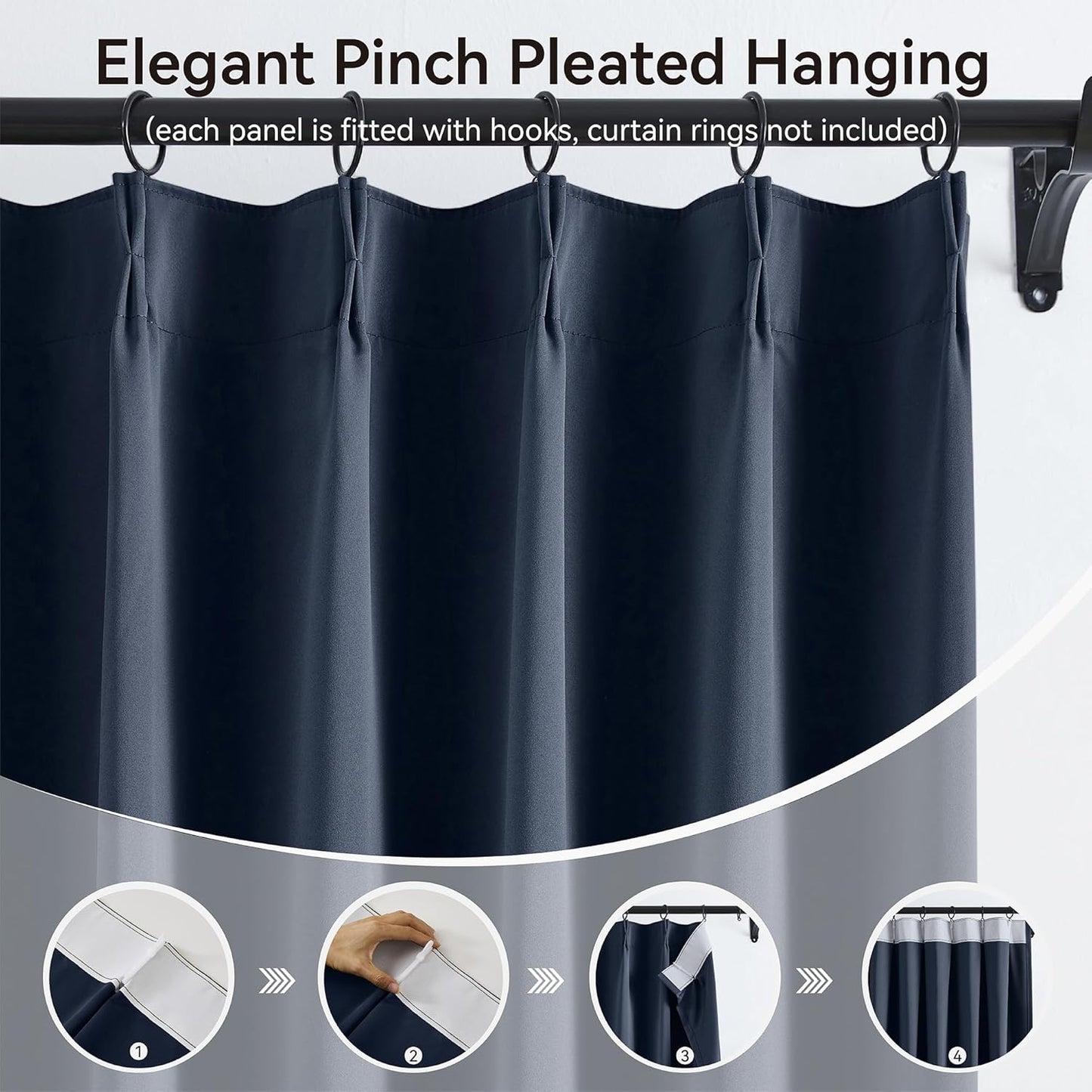 KangBang Navy Blue Pinch Pleated Curtains 120 Inches Long 2 Panels Set, Extra Long Sound Dampening Memory Pleat Elegant Curtains & Drapes for Boys Playroom Dorm with Hooks, 40Wx120L