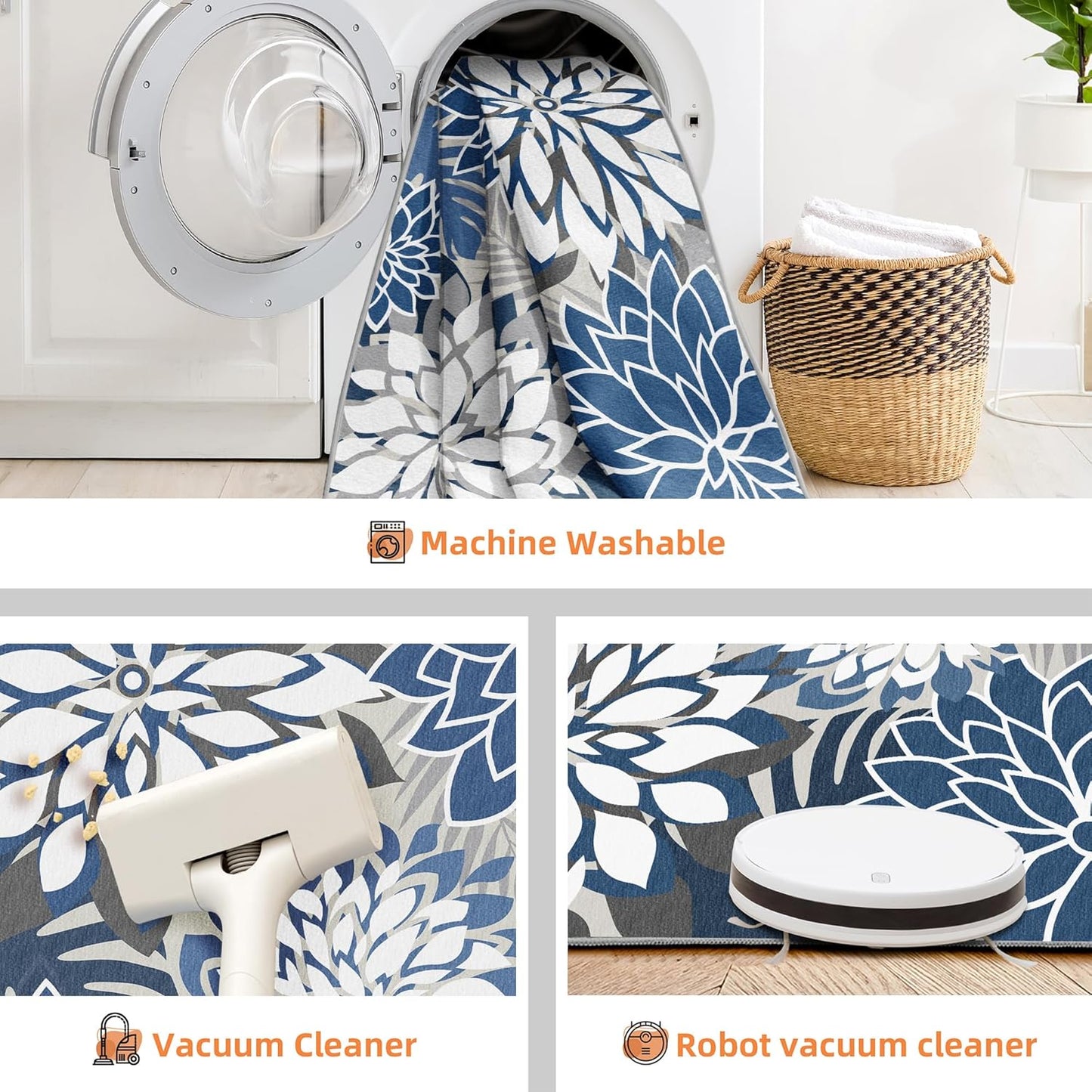 Indoor Outdoor Area Rug Washable Multicolored Patio Rug Tropical Botanical Modern Floral Indoor Outdoor Carpet Blue White Rug Non Slip for Patio, Deck, Backyard, Porch (9x12)