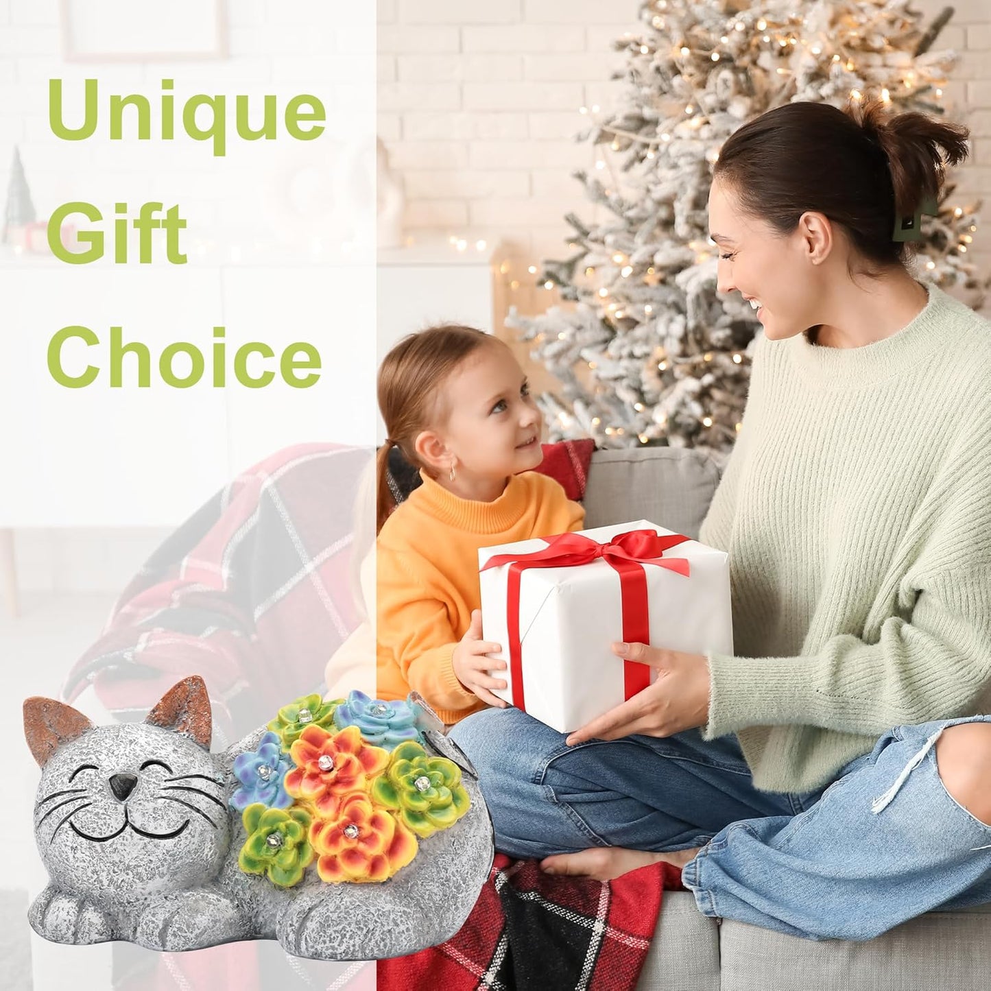 Otdair Solar Garden Decor Cat, Cat Lover Gifts with Succulent and 7 LED Lights for Outside,Outdoor Solar Lights for Yard, Garden and Patio, Unique Gift for Women