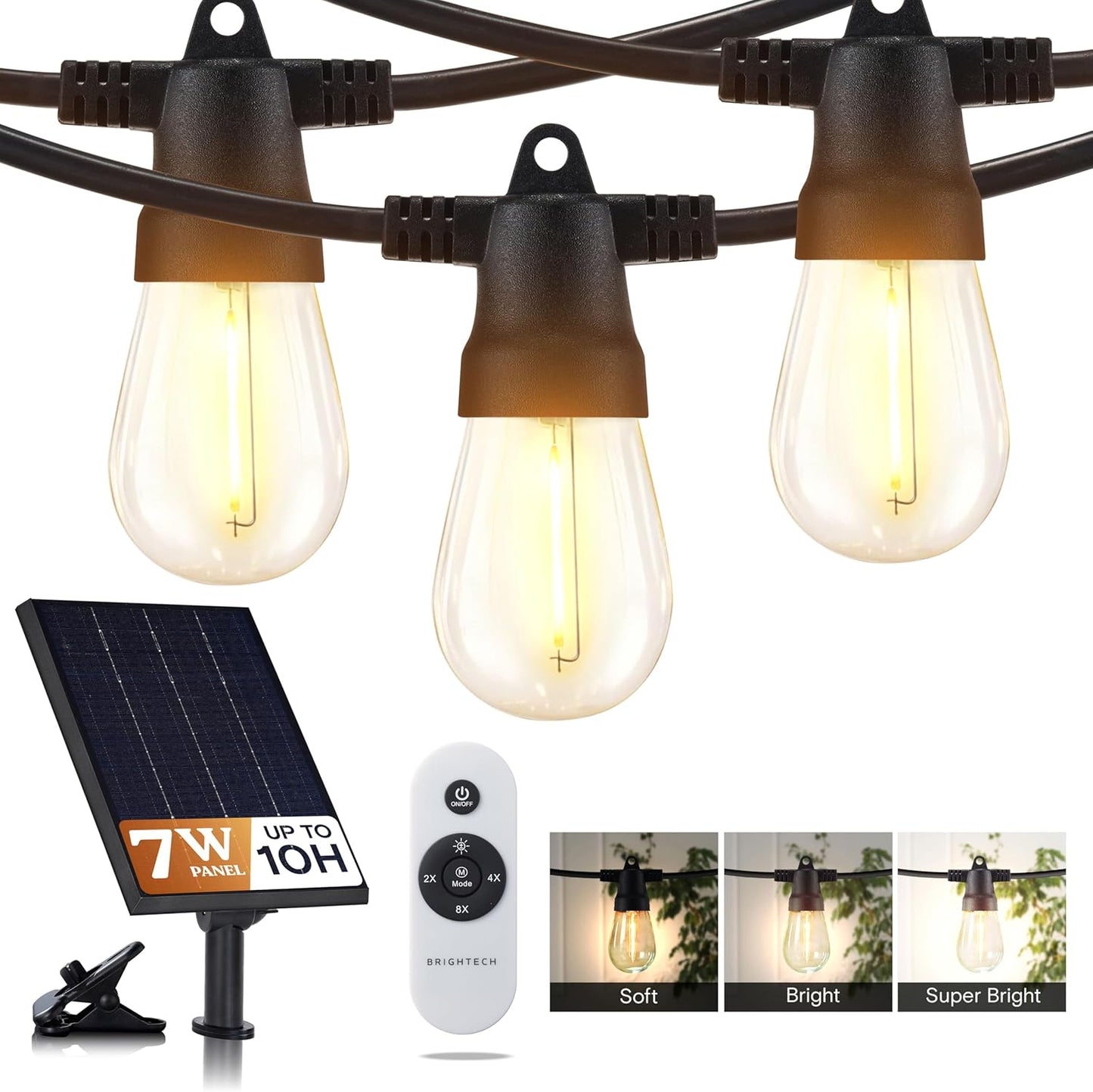 Brightech 104 (52x2) FT Ambience Pro Solar Powered Outdoor LED String Lights - Waterproof Remote Control Lights - 32 Bulbs, 7W Solar Powered Soft White Light for Camping, Patio, Garden