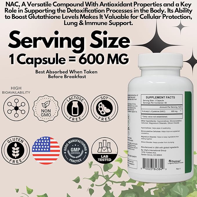 PRISTINE'S N-Acetyl L-Cysteine (NAC) 600MG (2 Pack) Immunity Support Supplement - 120-Day Supply - Potent Lung & Liver Antioxidant Supplement Capsules - Mood Support - Vegan, Glutern Free, Non GMO