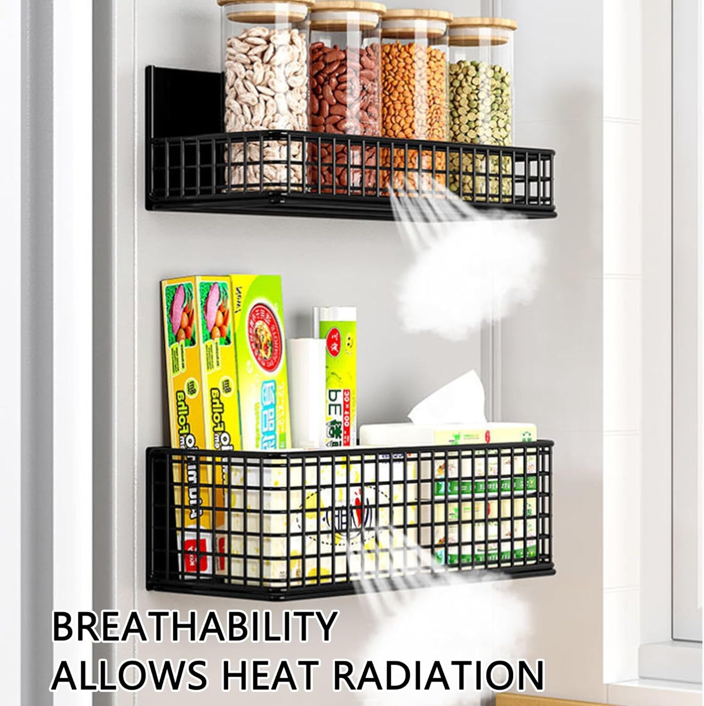 Magnetic Basket Fridge Organizer Wire Bins Pencil Holder Whiteboard Accessories Home Kitchen Organization (Black-High)