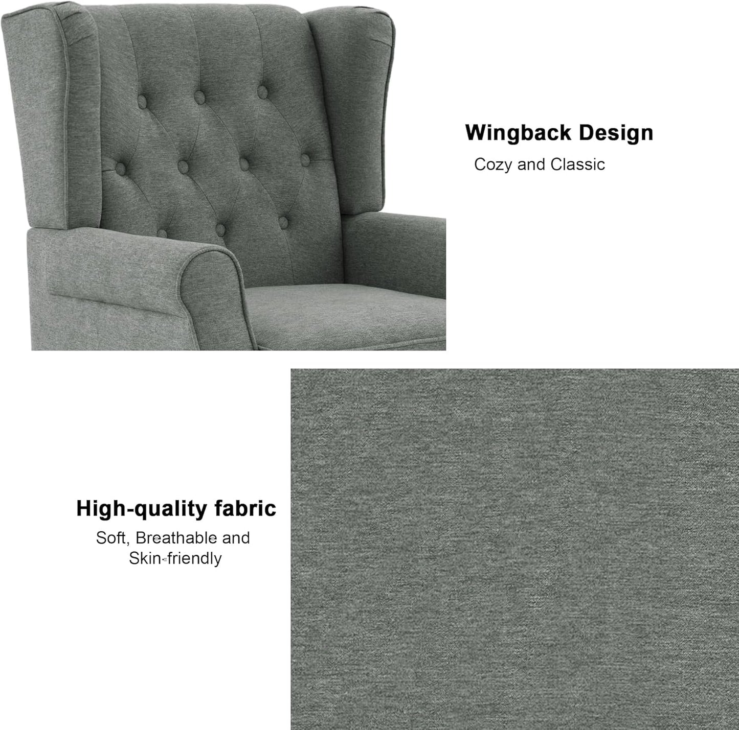 Accent Chair, Upholstered Armchair with Button Tufted High Back & Solid Wood Legs, Comfy Wingback Reading Single Sofa Chair for Small Spaces, Living Room, Bedroom (Grey, Set of 1)