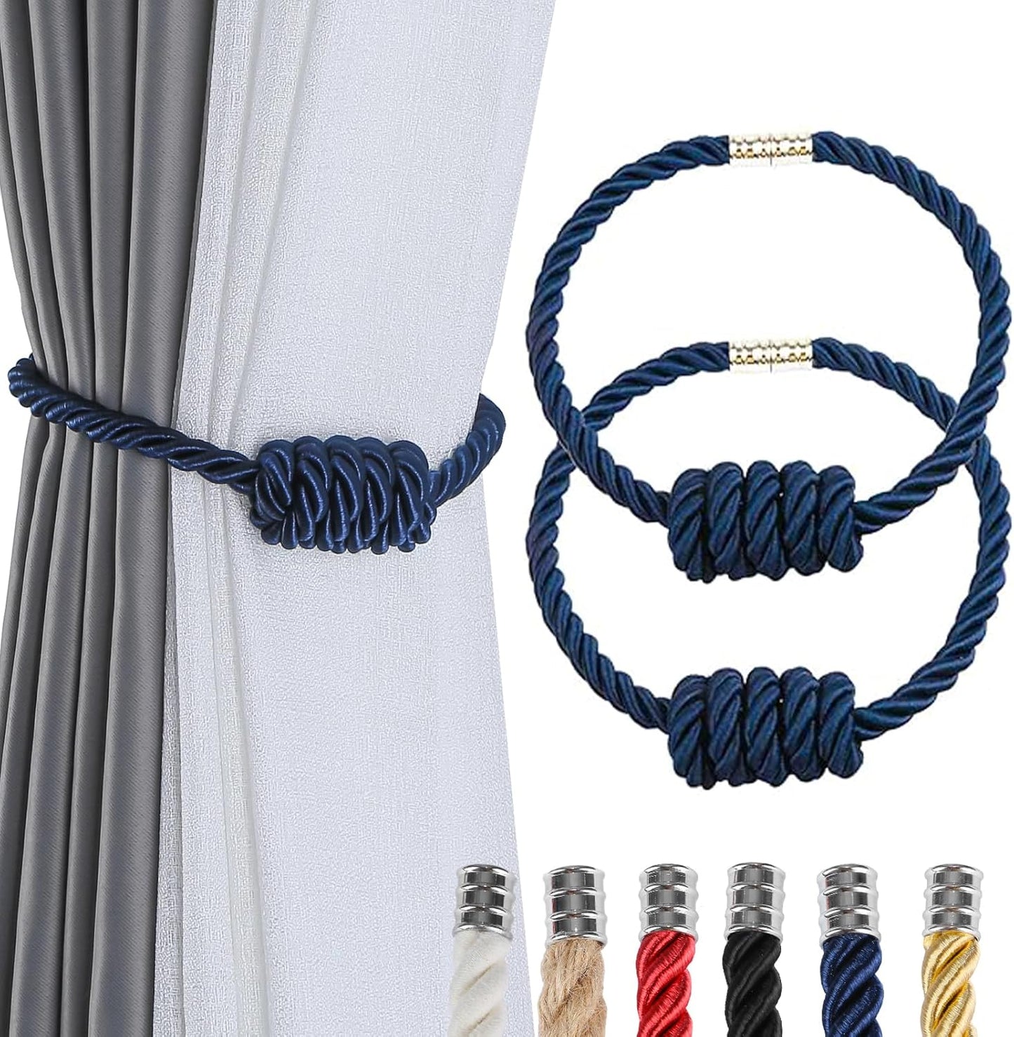 Fenghuangwu 2Pack Magnetic Curtain Tiebacks – Bohemian Style Handmade Woven Tie-Backs for Drapes,Elegant Exquisite Knot Holdbacks,Outdoor Boho & Modern Home Decor(Navy