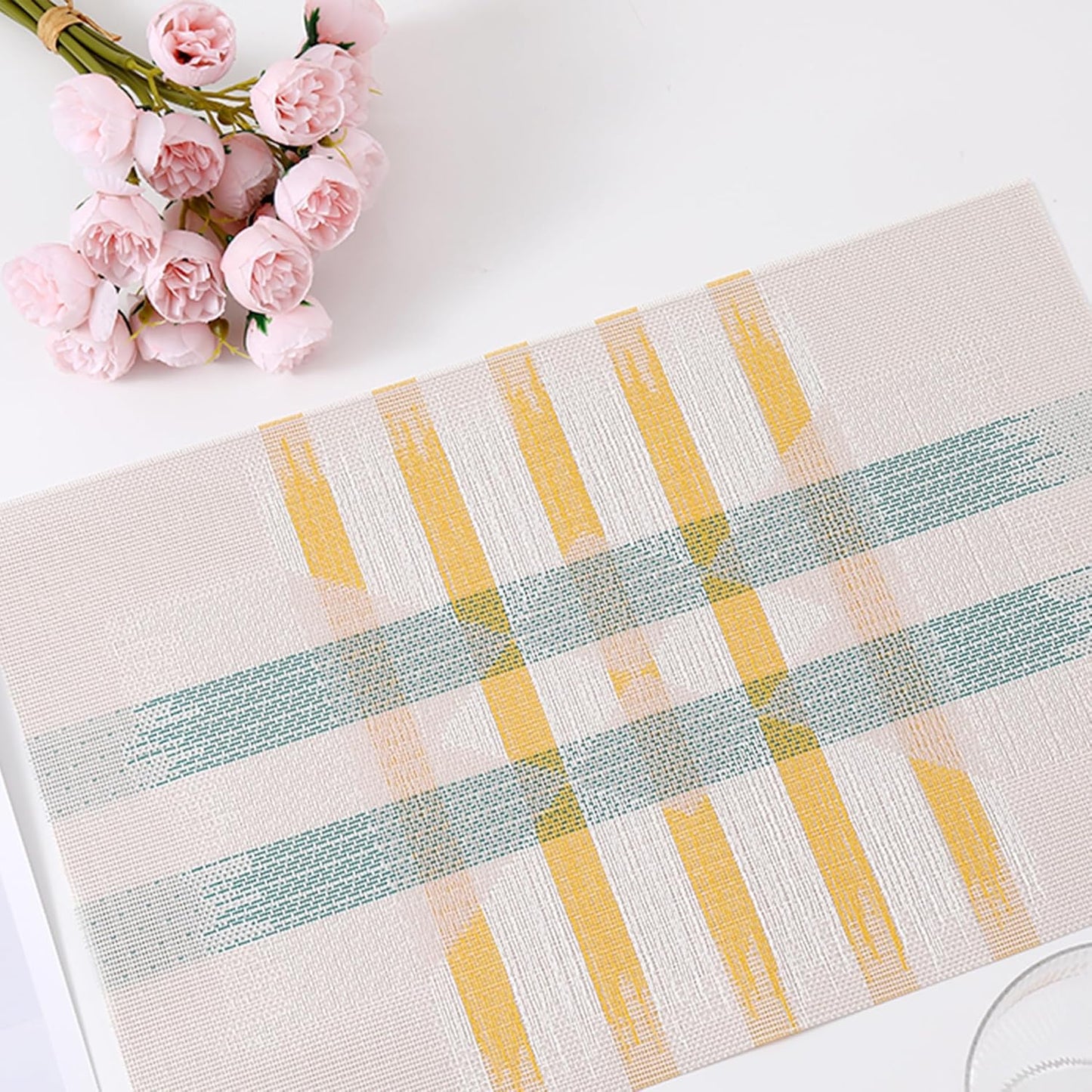 CADONO Placemats Set of 6 Washable Indoor/Outdoor Vinyl Place Mats for Dining Table Durable Non-Slip Heat Resistant PVC Weave Table Mats(Beige Green Cross)