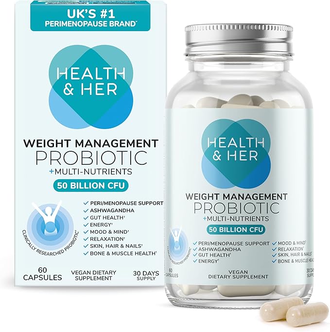 Health & Her Weight Management Probiotic | Perimenopause & Menopause - Clinically Studied 50bn CFU probiotic to Support Gut Health, Energy, Mood & Mind. 1 Month Supply - 60 Vegan Tablets