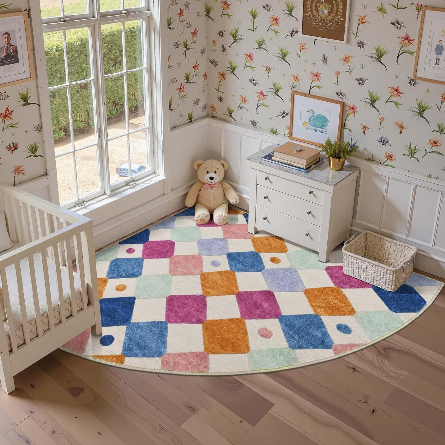 jinchan Kids Rug for Nursery 6ft Radius Corner Washable Area Rug Modern Colorful Quarter Circle Rug Soft Non-Slip Carpet for Bedroom Playroom Daycare Reading Nook Kitchen Classroom Berries on Cream