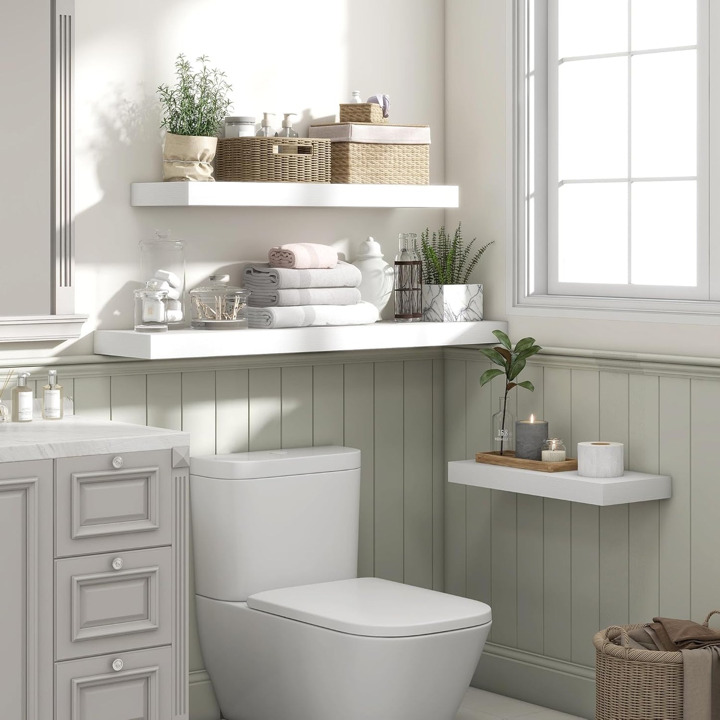 Heimlove 48" White Floating Shelves for Wall,10 Deep Rustic Wood Display & Storage Wall Shelves with Heavy Duty Brackets for Bathroom,Bedroom,Kitchen,Living Room,Office