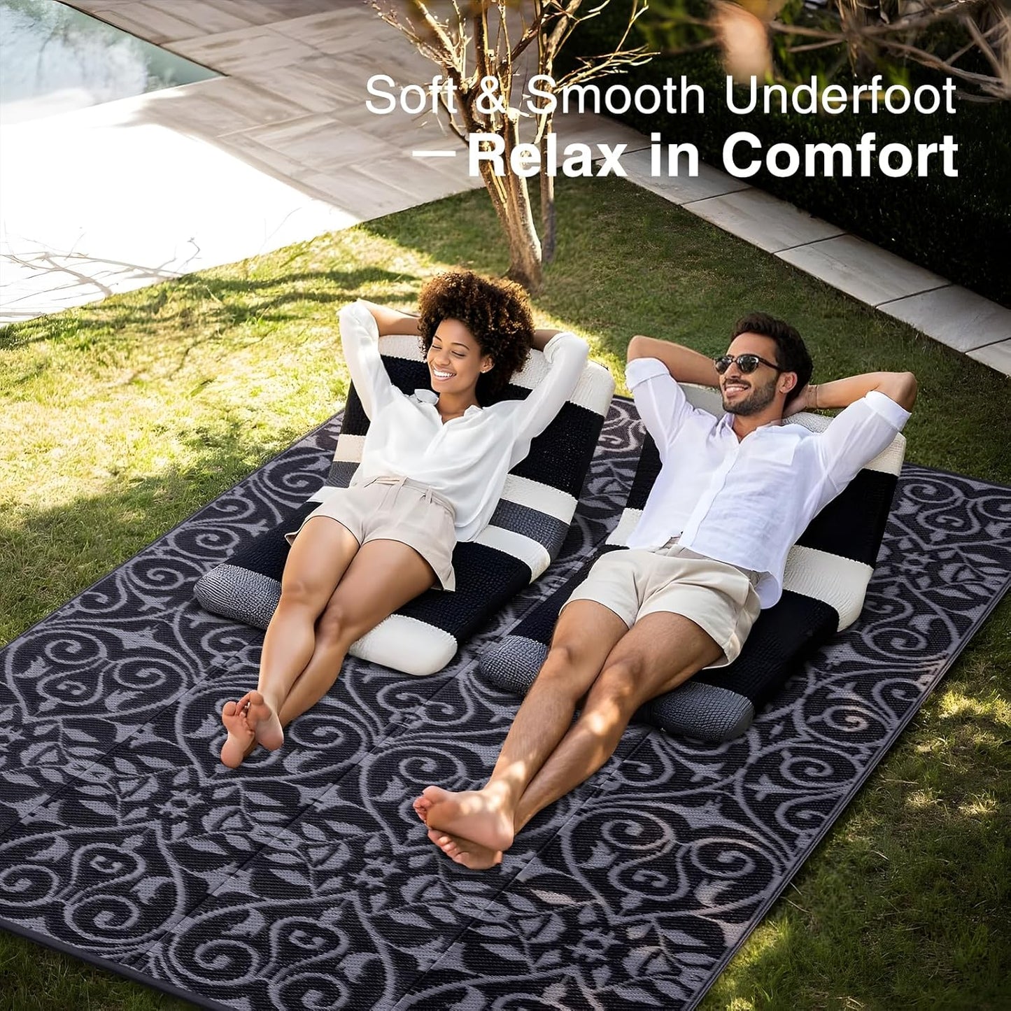OLANLY Outdoor Rug Waterproof 6x9 ft Clearance, Reversible Outdoor Plastic Straw Rug with Floral Pattern, RV Mat for Patio, Camping, Balcony, Deck, Backyard, Black & Grey