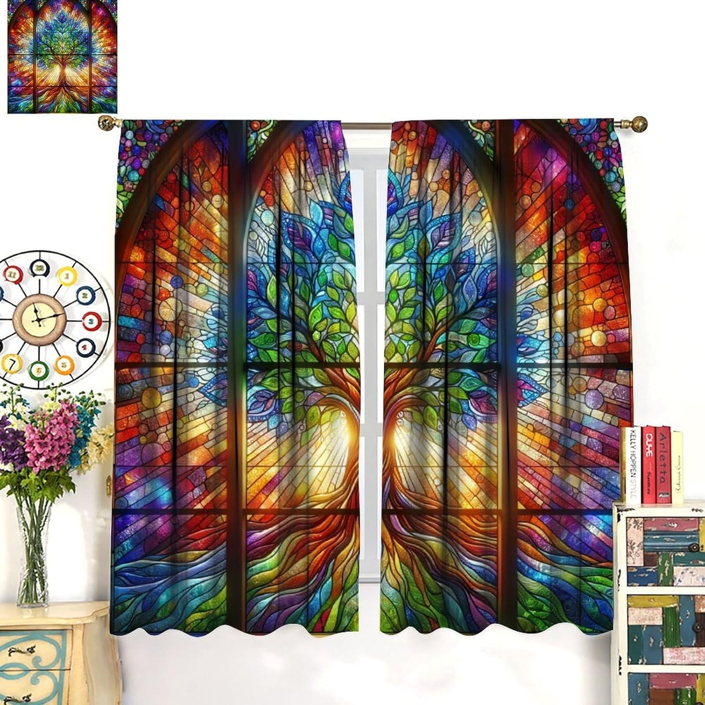 Stained Glass Curtains,Tree of Life Colorful Abstract Art Home Decor Drapes for Bedroom Living Room Kitchen Window Treatment 2 Panels Set Total Size 42" W X 45" L Inch