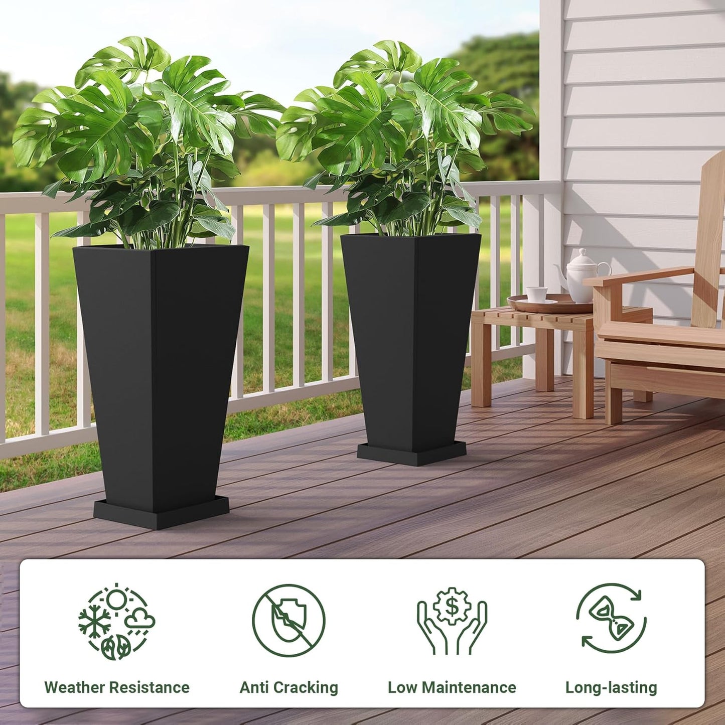 Tall Metal Planter 26" H - 2 Pack, Tall Planters with Removable Insert Shelve & Saucer Trays, Metal Outdoor Planters for Porch, Garden, Patio, Yard(Black)