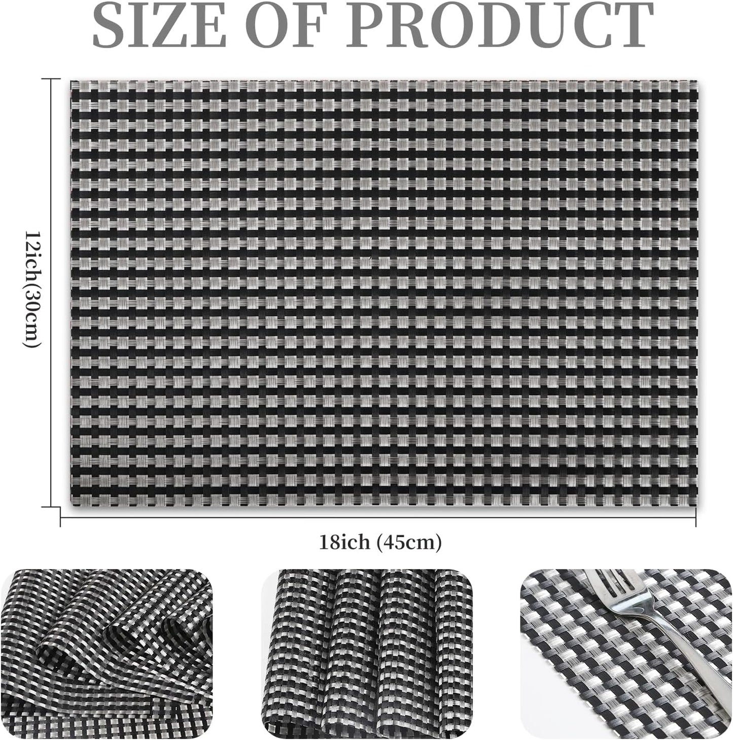Vinyl Plastic Placemats Set of 6 Washable Heat Resistant Non-Slip Elegant Indoor Outdoor Kitchen Dining PVC Woven Table Place Mats (Black Silver Weaving)