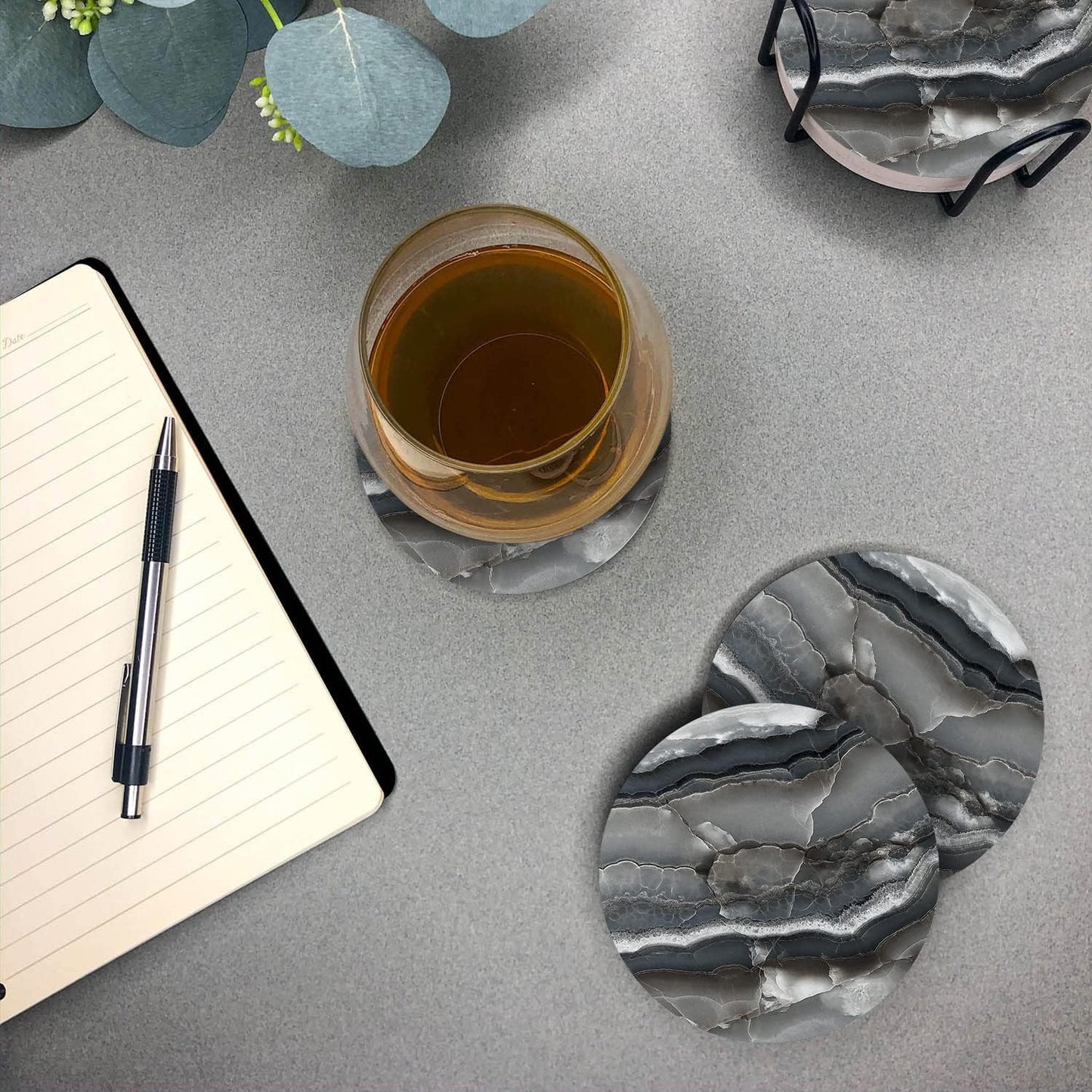 Emerson Essentials Coasters for Drinks Absorbent with Holder, Set of 6, Cork Backing Ceramic Stone Marble Style for Wooden Coffee Bar Tables, Glass Tabletop Non Slip, with Stand