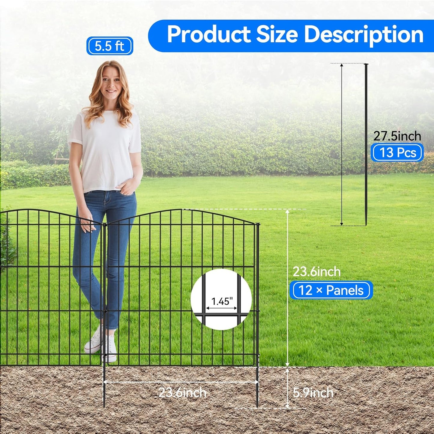 INJOPEXI Garden Fence 12 Panels 23.6ft (L)×24in (H) Decorative Garden Fences with 12 Panels Rustproof Wire No Dig Animal Barrier Fencing Dog Fence for Yard Outdoor Patio - Without Fence Gate