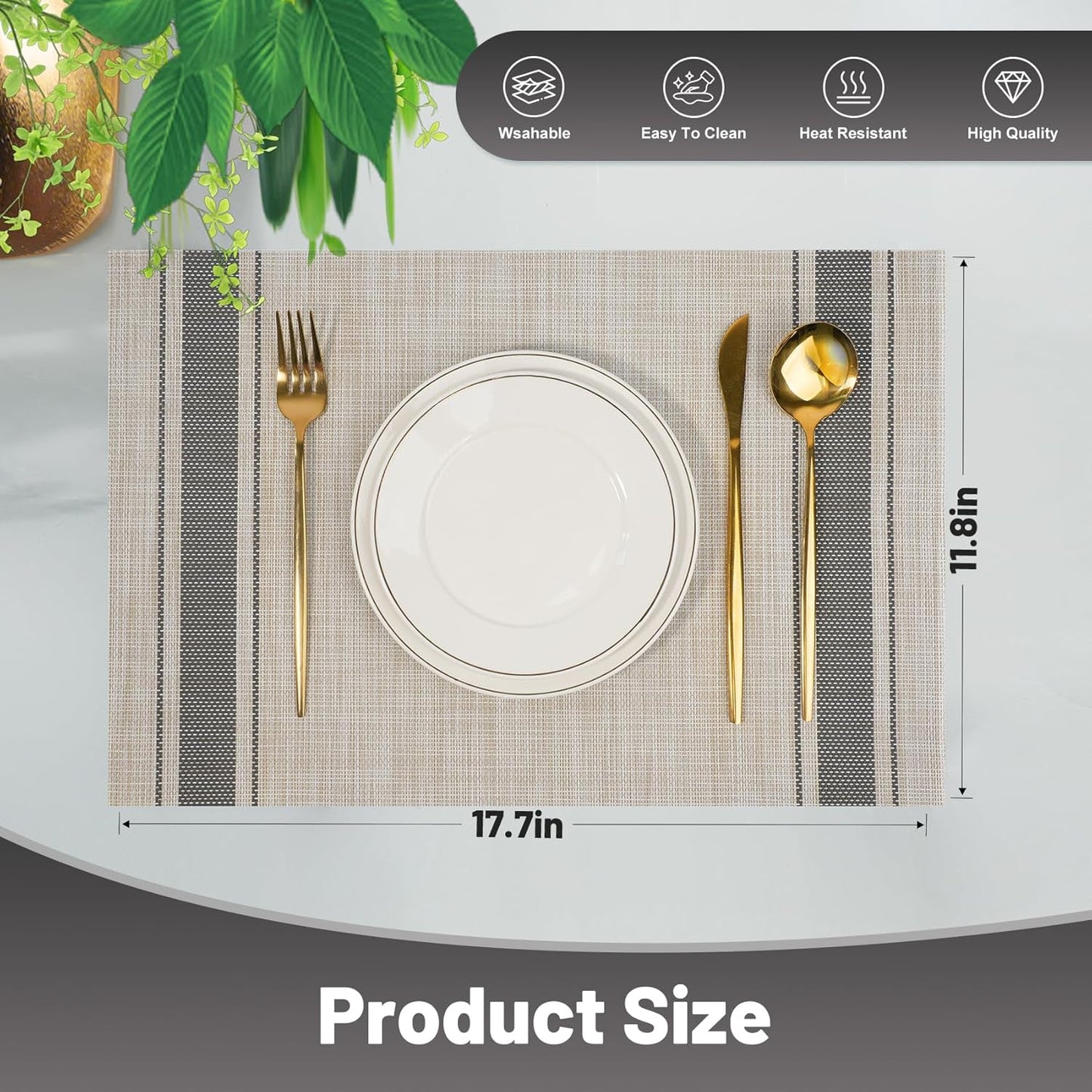 Placemats Set of 12,Non-Slip PVC Weave Table Mats Easy to Clean,Heat Resistant Place Mats for Kitchen Dining Table Decoration Indoor Outdoor,Khaki Gray