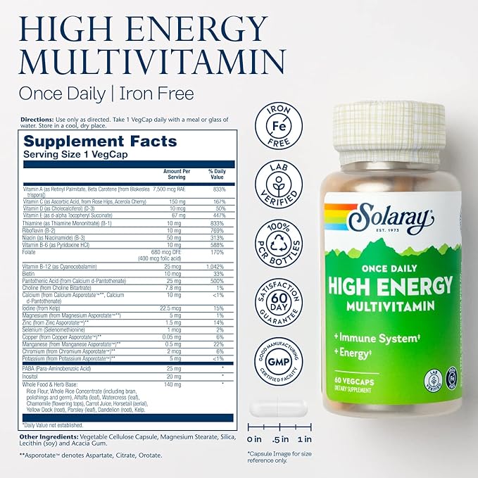 SOLARAY Once Daily High Energy Multivitamin, Iron Free, Immune System and Energy Support, Whole Food and Herb Base Ingredients, Men’s and Women’s Multi Vitamin, 60 Servings, 60 VegCaps