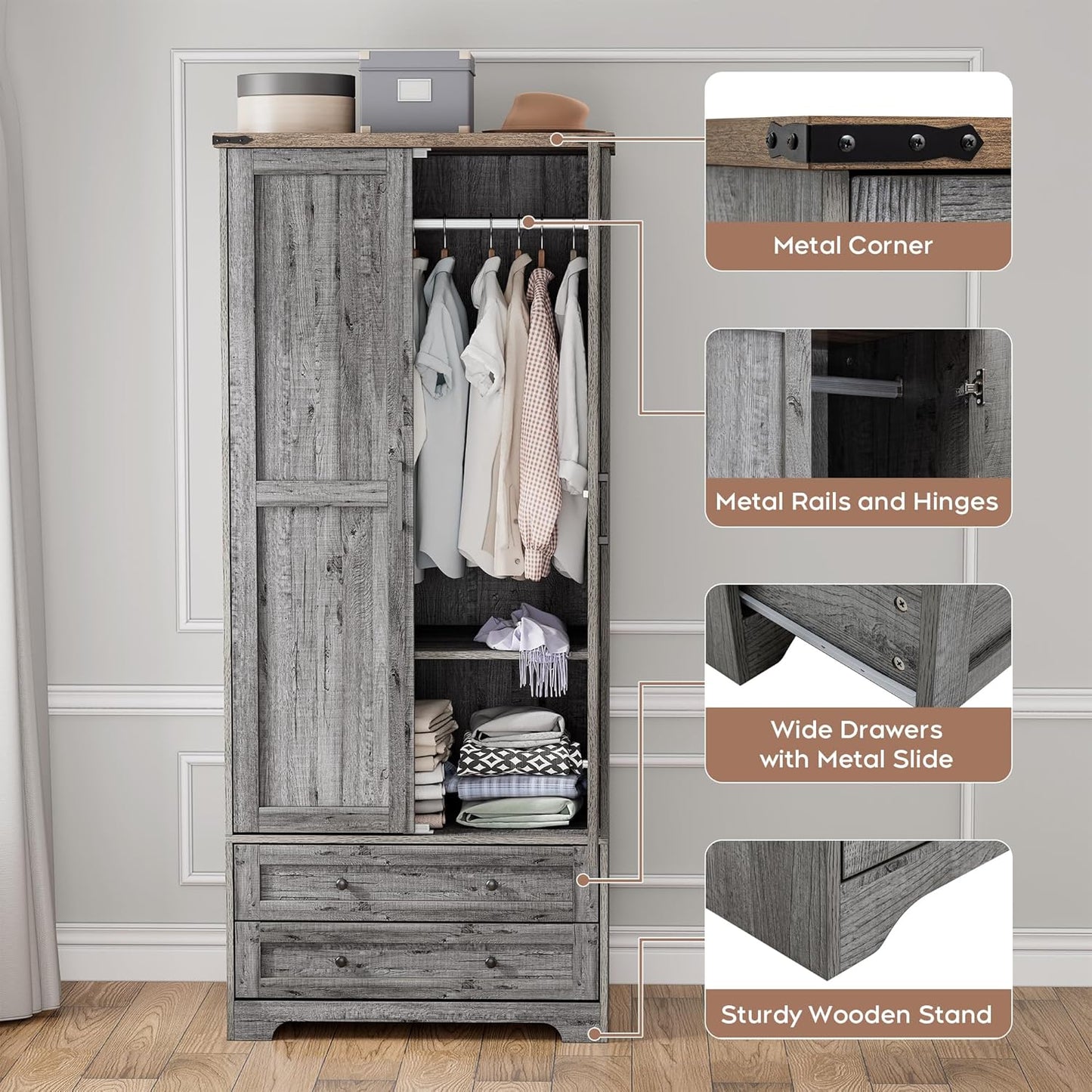 Brafab Armoire Wardrobe Closet with 2 Modern Doors, 71" Tall Freestanding Closet Wardrobe Cabinet with Drawers and Hanging Rail, Light Wooden Storage Cabinet with Shelve for Bedroom (Grey, 2 Doors)
