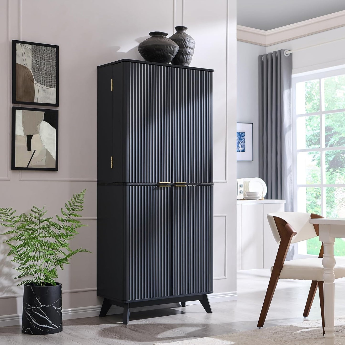 OKD Fluted Kitchen Pantry, 72" Tall Mid Century Modern Storage Cabinet with Adjustable Shelves & Door Organizer, Wood Cabinet for Kitchen, Living Room, Dark Grey