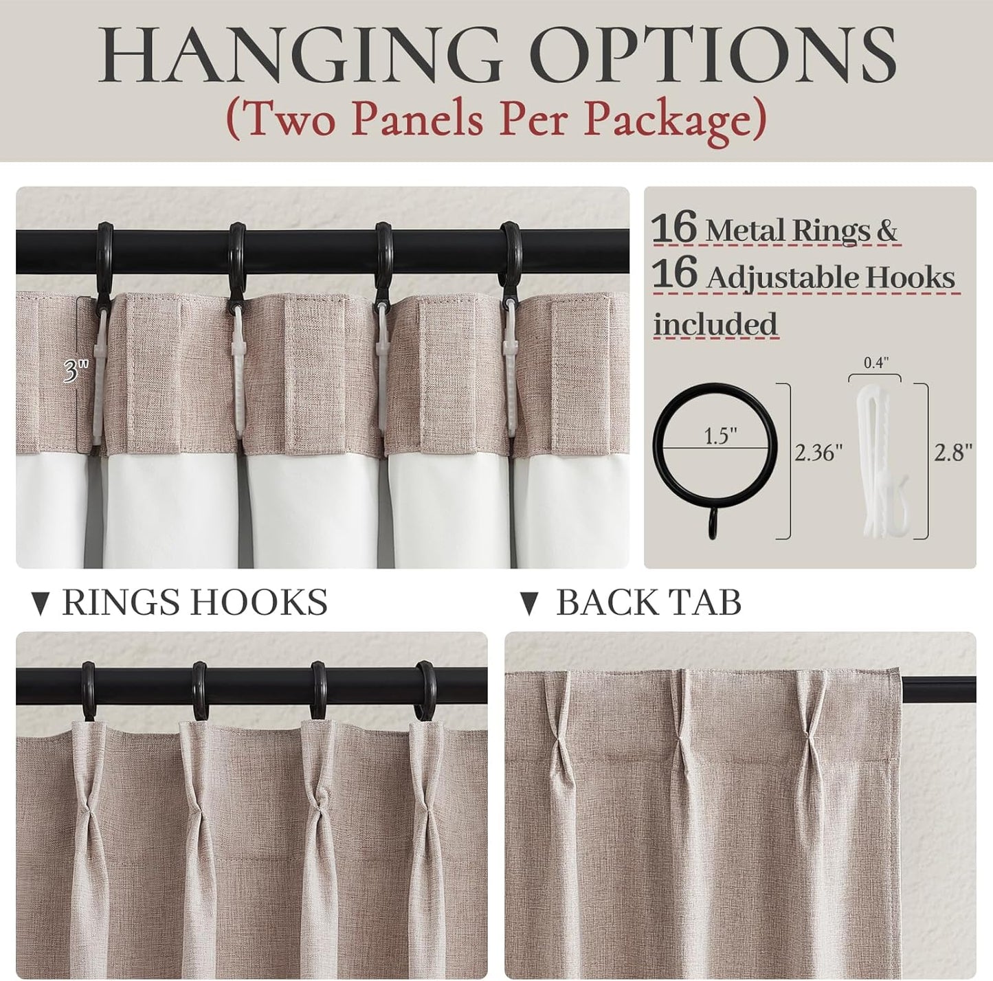 Pinch Pleated Curtains 108 Inches Long Full Blackout Curtains Panel for Bedroom Dining Decor Linen Thermal with Liner 9 Foot/ft for 110 Inch Length Window Drapes(Hook/Rings Included) 2 Panels
