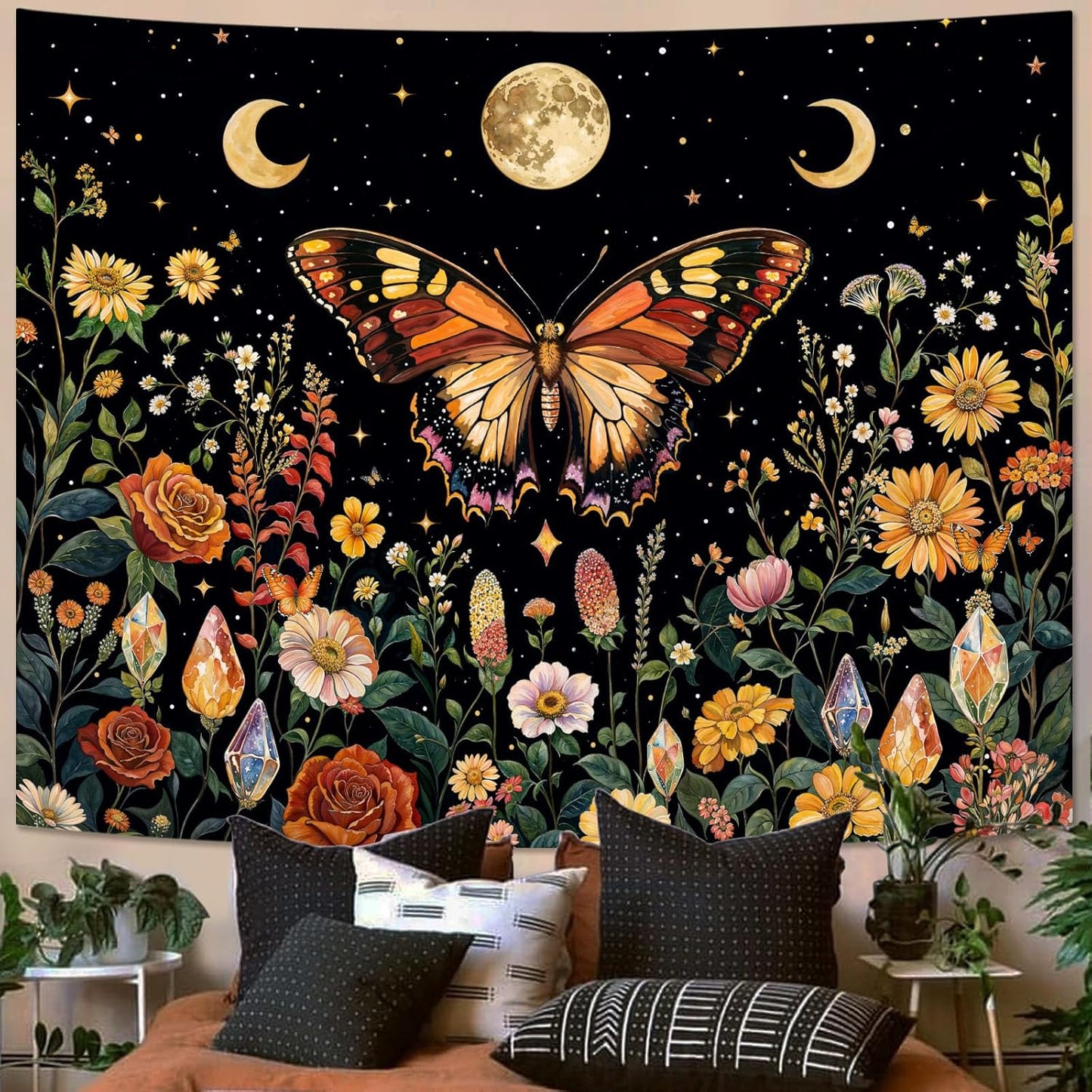 Lunerfex Boho Butterfly Tapestry Flower Moon Wall Tapestry, Moon Phases Tapestries for Bedroom Cute Tapestries Wall Hanging for Bedroom Living Room Decor Butterfly-2 44"x60"