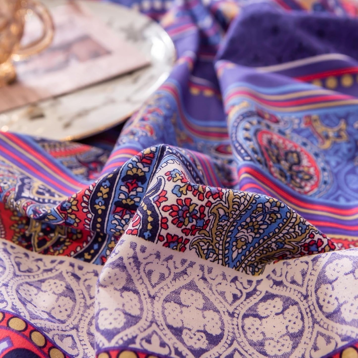ABREEZE Bohemian Vintage Cal.King Size Floral Cotton Bedding Set 3Pcs Duvet Cover Set Boho Purple Paisley 100% Egyptian Brushed Cotton Reversible Home Bedding Collection