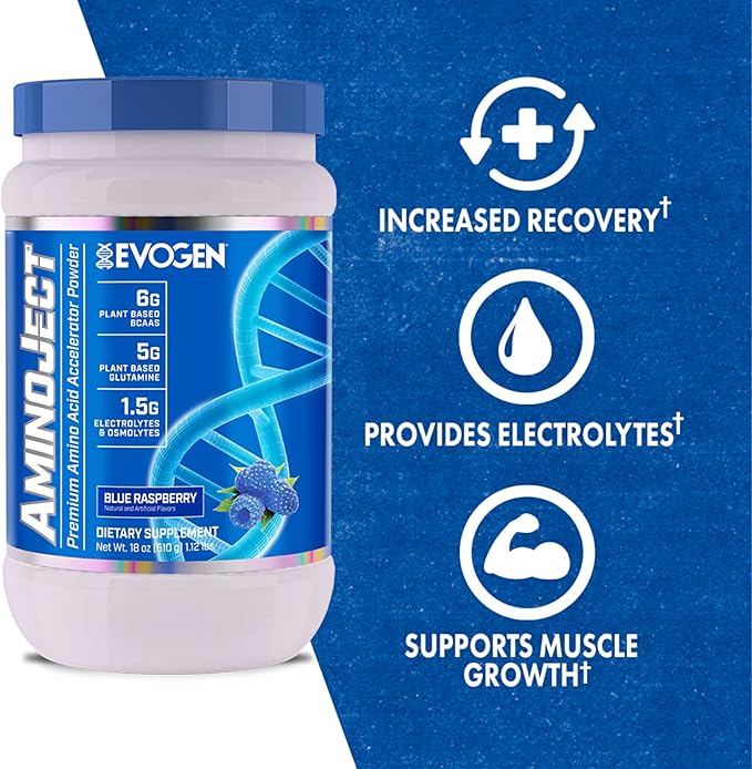 Evogen AminoJect - Amino Acid Accelerator Powder | Supports Muscle Recovery & Hydration | Plant-Based BCAAs, Glutamine, Electrolytes | Blue Raspberry | 30 Servings