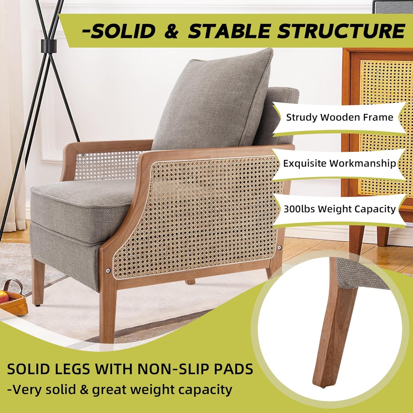 HAOBO Home Mid Century Modern Accent Chair Upholstered Living Room Chairs Armchair with Rattan Armrest Comfy Reading Chair with Wood Frame Lounge Side Chair with Waist Cushion Set of 2