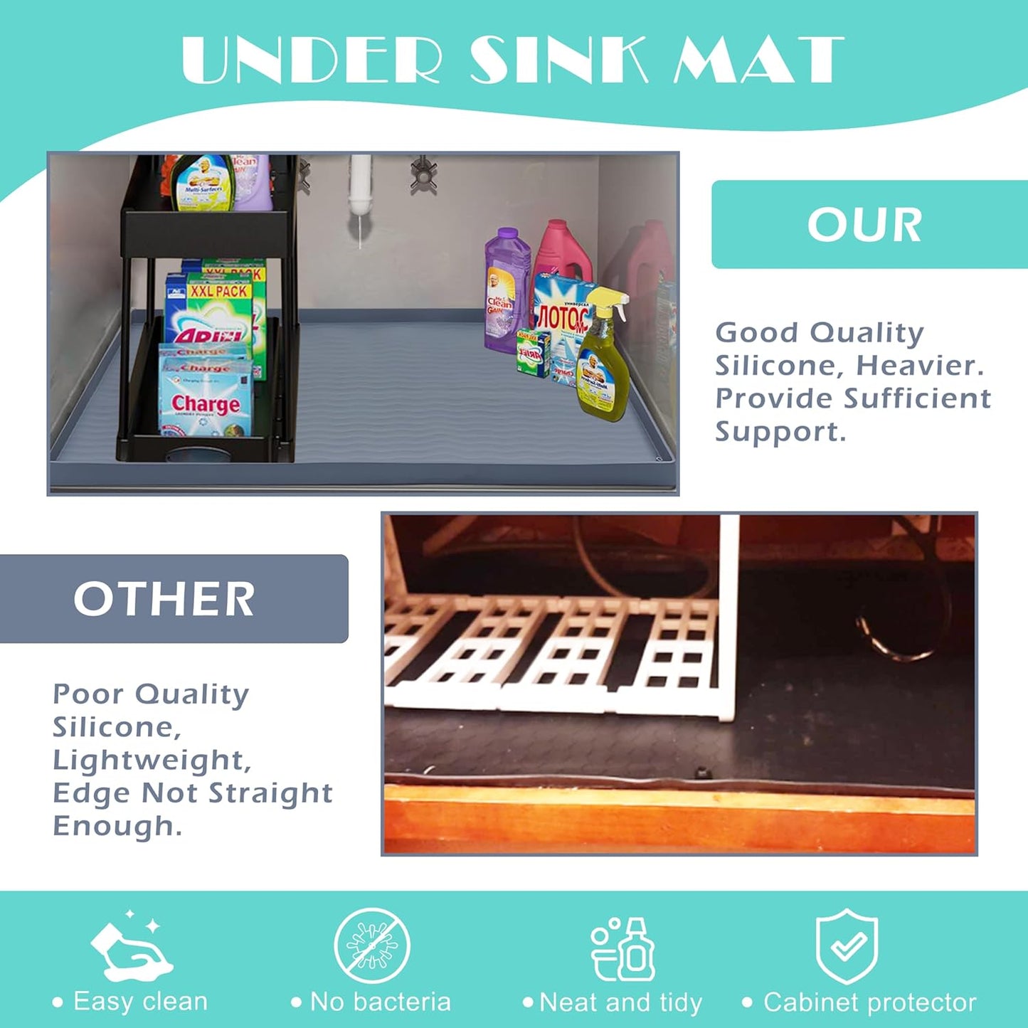 URMONA Waterproof Silicone Under Sink Mat 31'' x 22'' Shelf Liner for Kitchen and Bathroom, Cabinet and Counter Protector, Storage and Organizers, Litter Mat, Pet Cat Puppy Essentials(Light Grey)