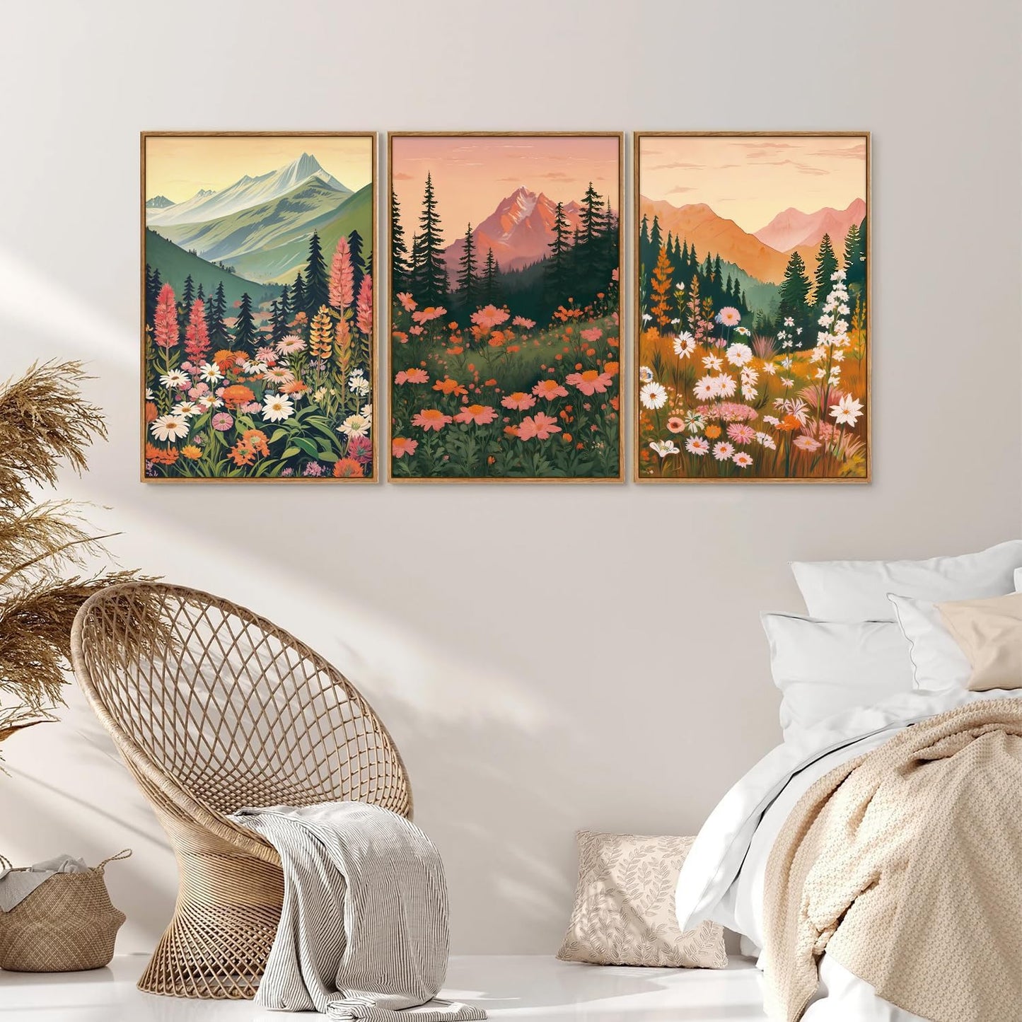 Tinonedraw Colorful Nature Flowers Framed Canvas Wall Art Set, Boho Blue Ridge Mountain Wall Decor,Floral Forest Scenery Artwork, Modern Wildflower Blossom Landscape Art Prints for Living Room Bedroom Office 16"x24"x3