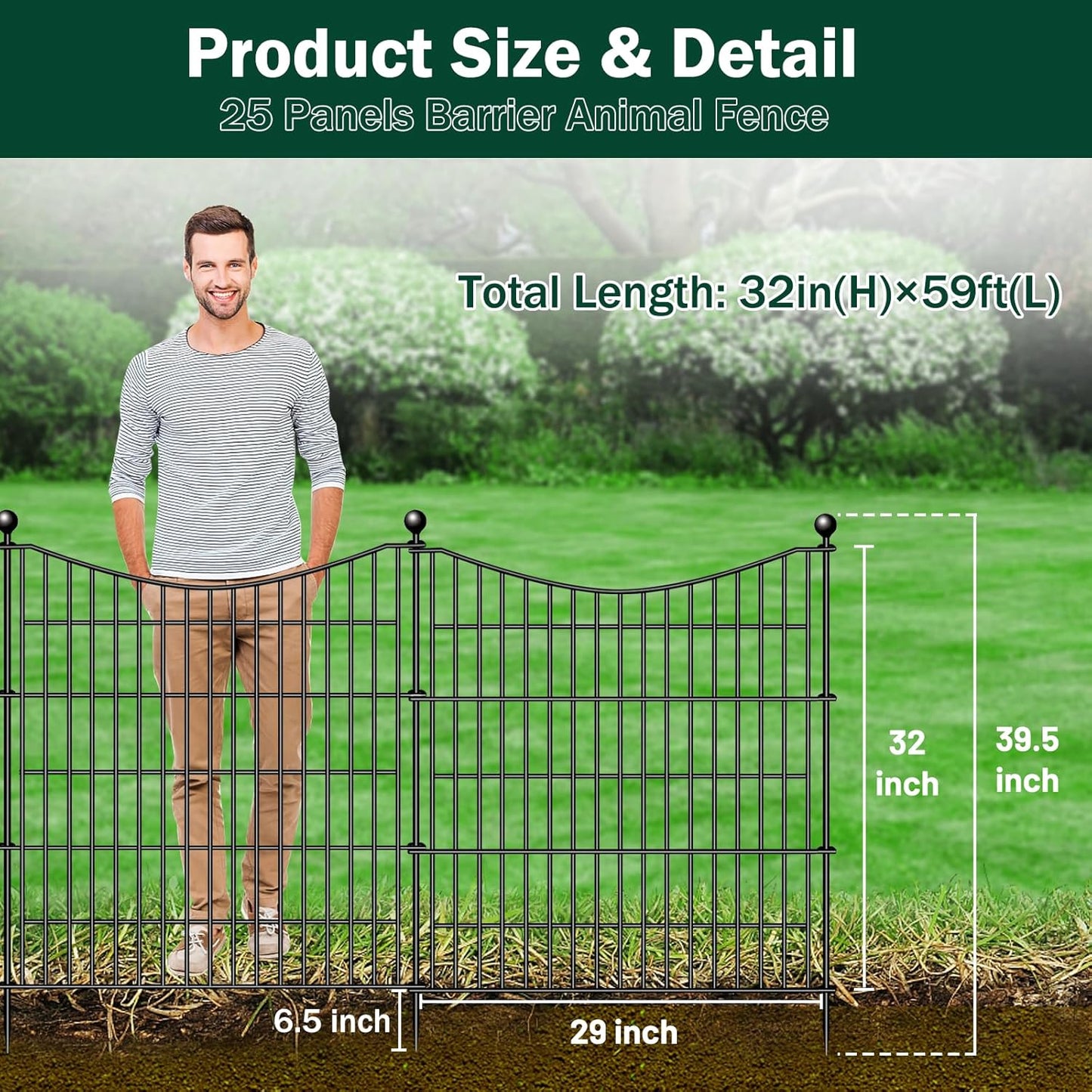 25 Panels Decorative Garden Fence with Gate, 32 in(H) X 59 ft(L) No Dig Dog Fence Animal Barrier Outdoor for Yard, Rustproof Metal Garden Edging and Borders, Temporary Fencing Stakes
