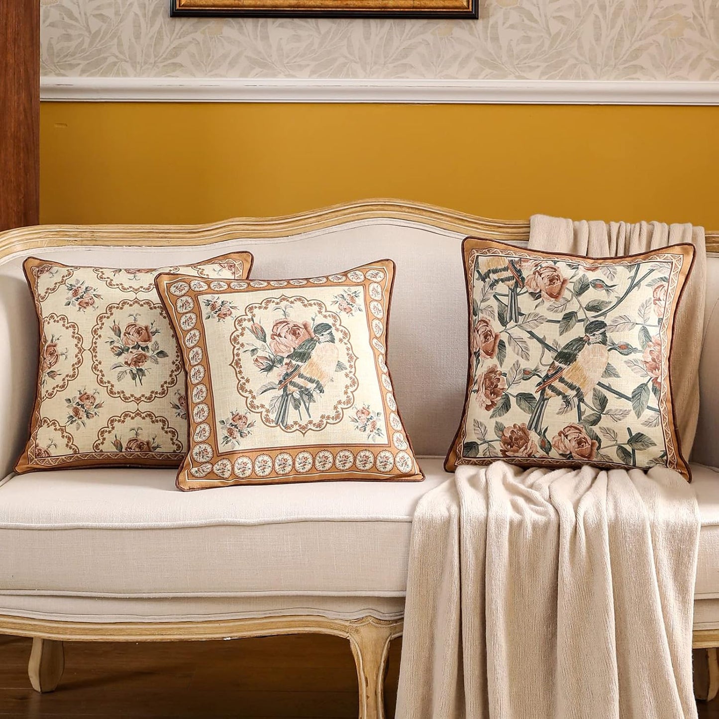 patdrea Designer Vintage Floral Throw Pillow Covers for Couch Set of 4,Brown Yellow Linen Pillowcases with Bird and Rose Pattern Decorative Cushion Cover for Bedroom Living Room Outdoor Car Cafe