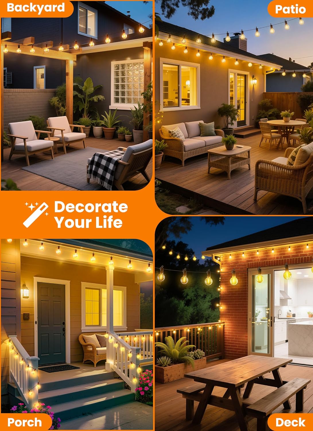 LED Outdoor String Lights, 50FT 25+2 Shatterproof Bulbs Outdoor Patio Lights, IP65 Waterproof Connectable Hanging Outside Light for Backyard, Porch, Deck, Balcony, 2200K