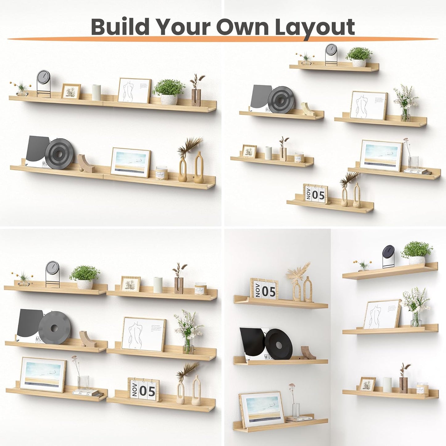 upsimples Floating Shelves for Wall, Wood Mounted Shelf Decor Storage Set of 6, for Bedroom, Living Room, Bathroom, Kitchen, 23.6 inch Long Picture Ledge, Natural