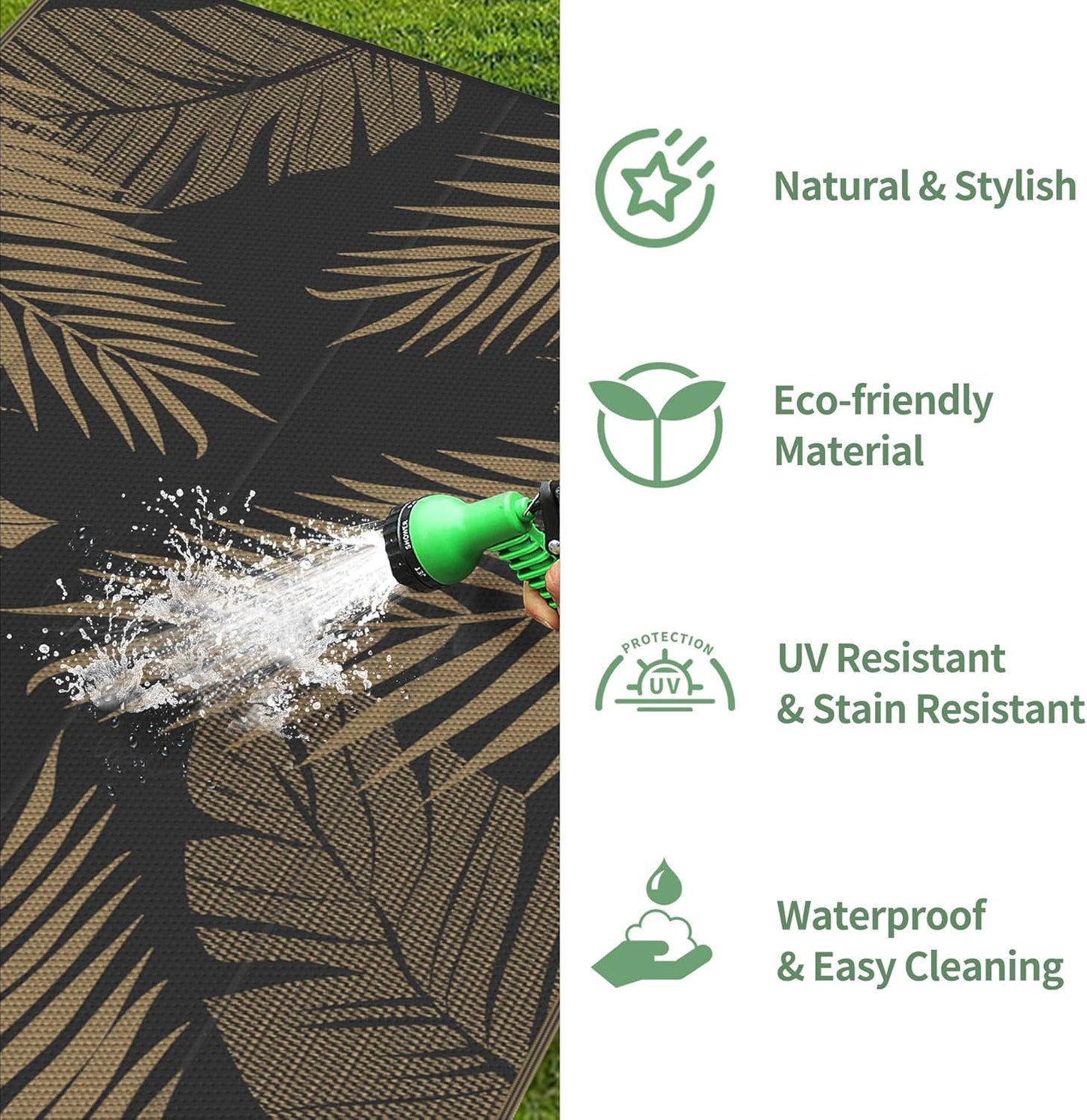 GENIMO Outdoor Rug 9' x 18' Waterproof for Patios Clearance, Reversible Outdoor Plastic Straw Camping Rug Carpet, Large Area Rugs Mats for RV, Camper, Deck, Balcony, Porch, Beach, Picnic, Black&Brown